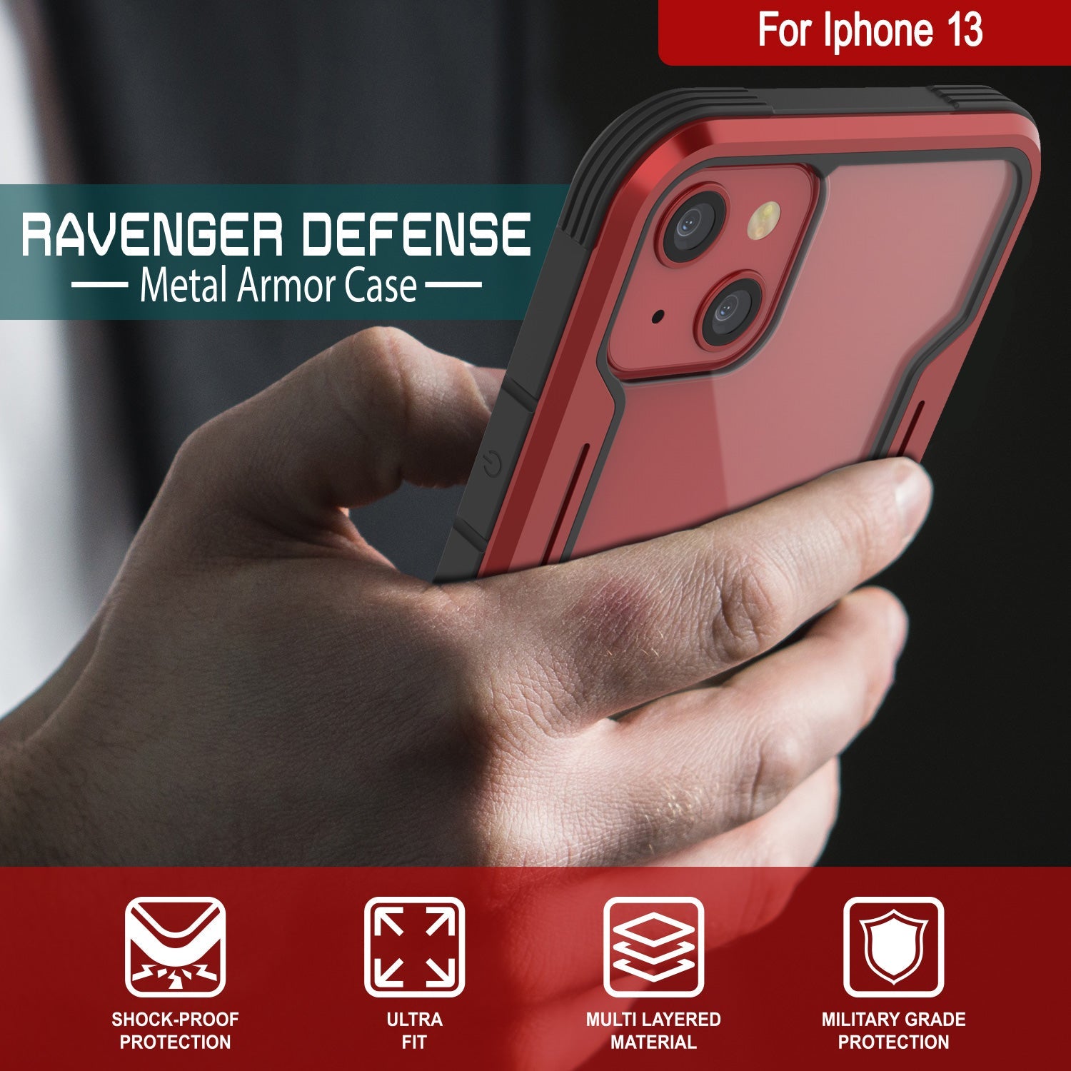 Punkcase iPhone 13 ravenger Case Protective Military Grade Multilayer Cover [Red]