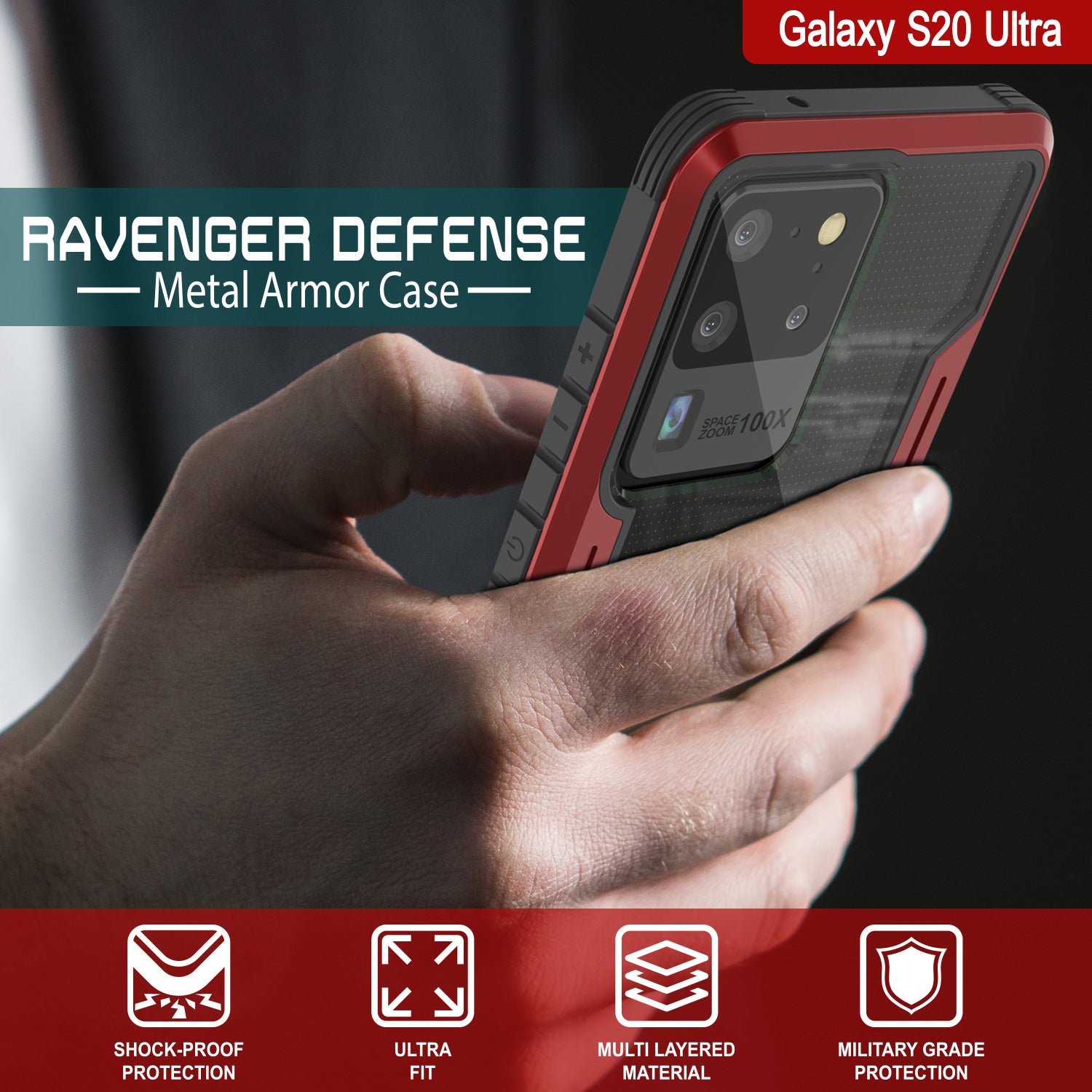 Punkcase S20 Ultra ravenger Case Protective Military Grade Multilayer Cover [Red]