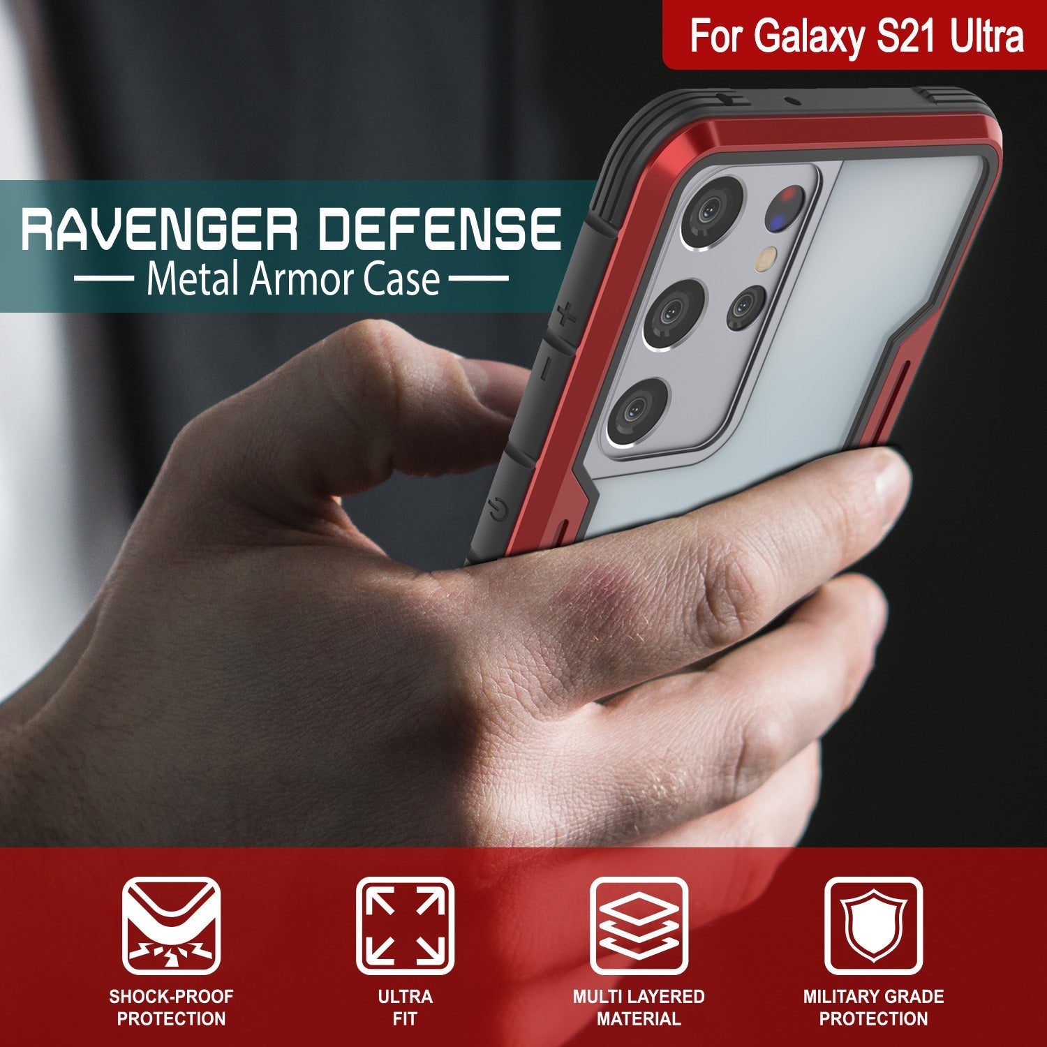 Punkcase S21 Ultra ravenger Case Protective Military Grade Multilayer Cover [Red]