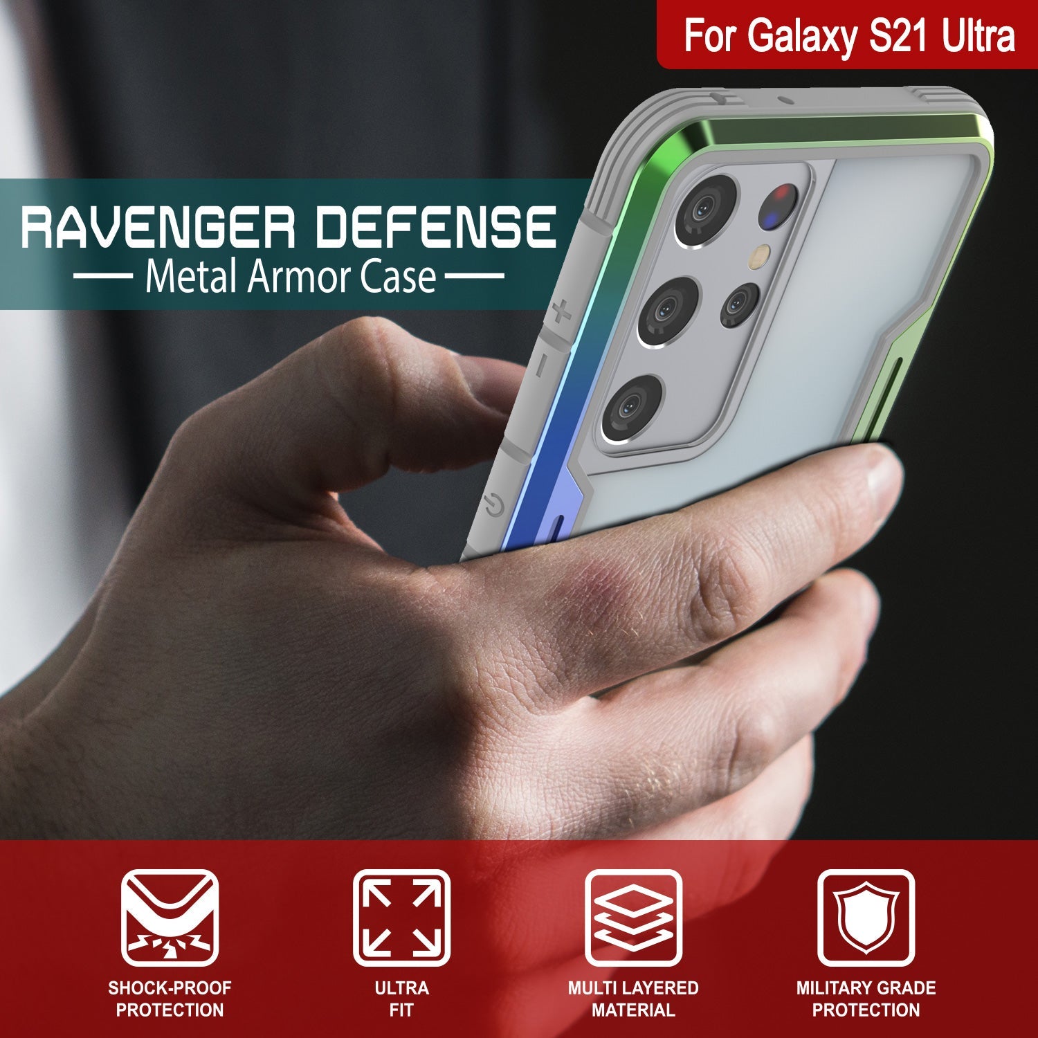 Punkcase S21 Ultra ravenger Case Protective Military Grade Multilayer Cover [Rainbow]