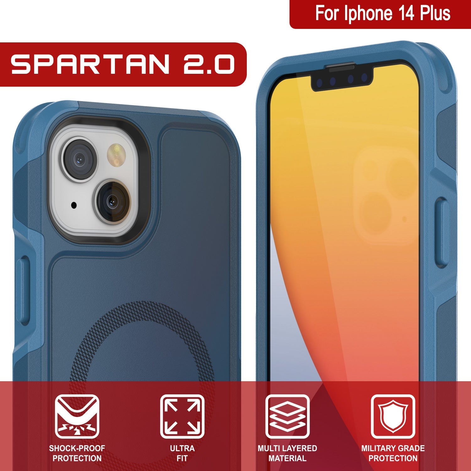 PunkCase iPhone 14 Plus Case, [Spartan 2.0 Series] Clear Rugged Heavy Duty Cover W/Built in Screen Protector [Navy]