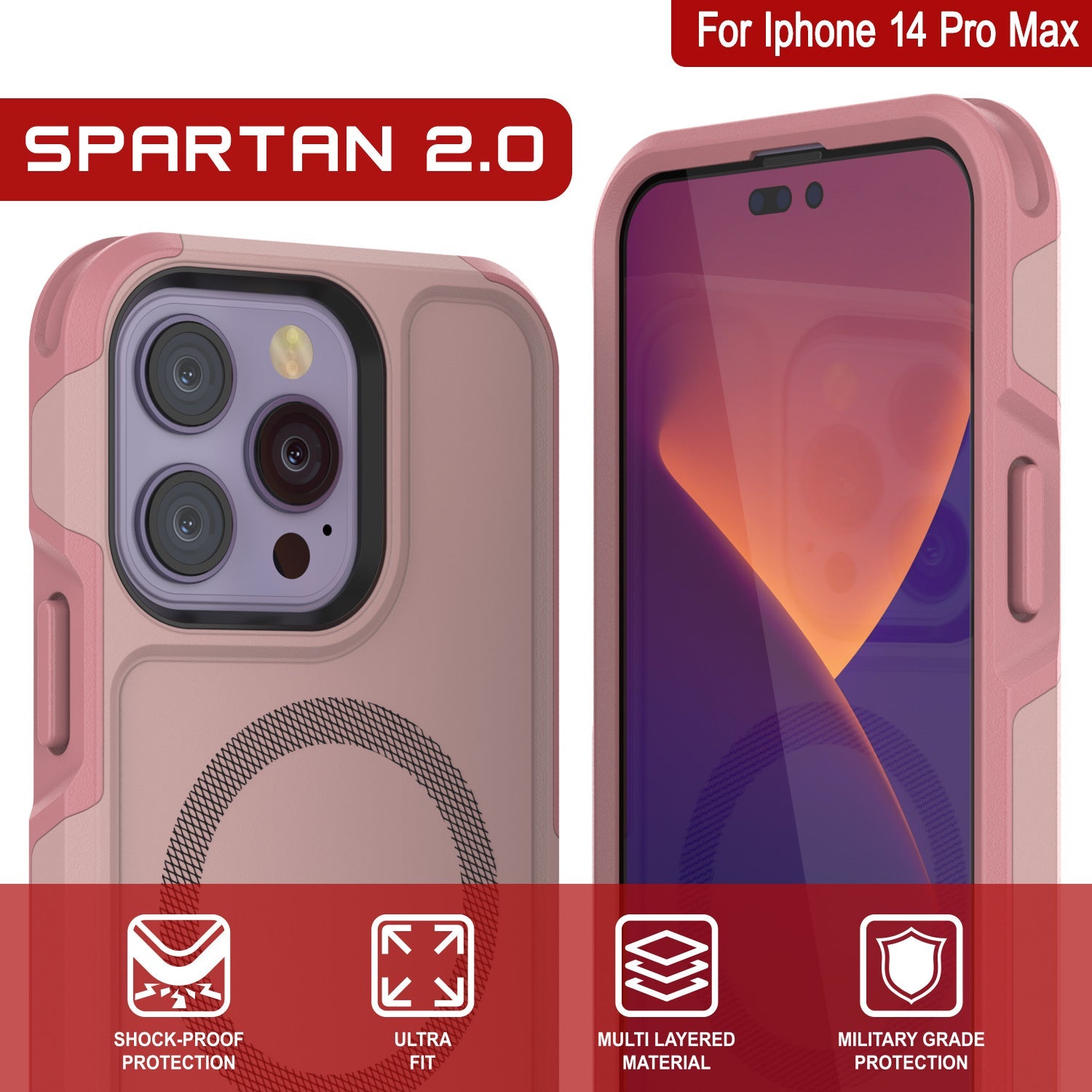 PunkCase iPhone 14 Pro Max Case, [Spartan 2.0 Series] Clear Rugged Heavy Duty Cover W/Built in Screen Protector [Pink]