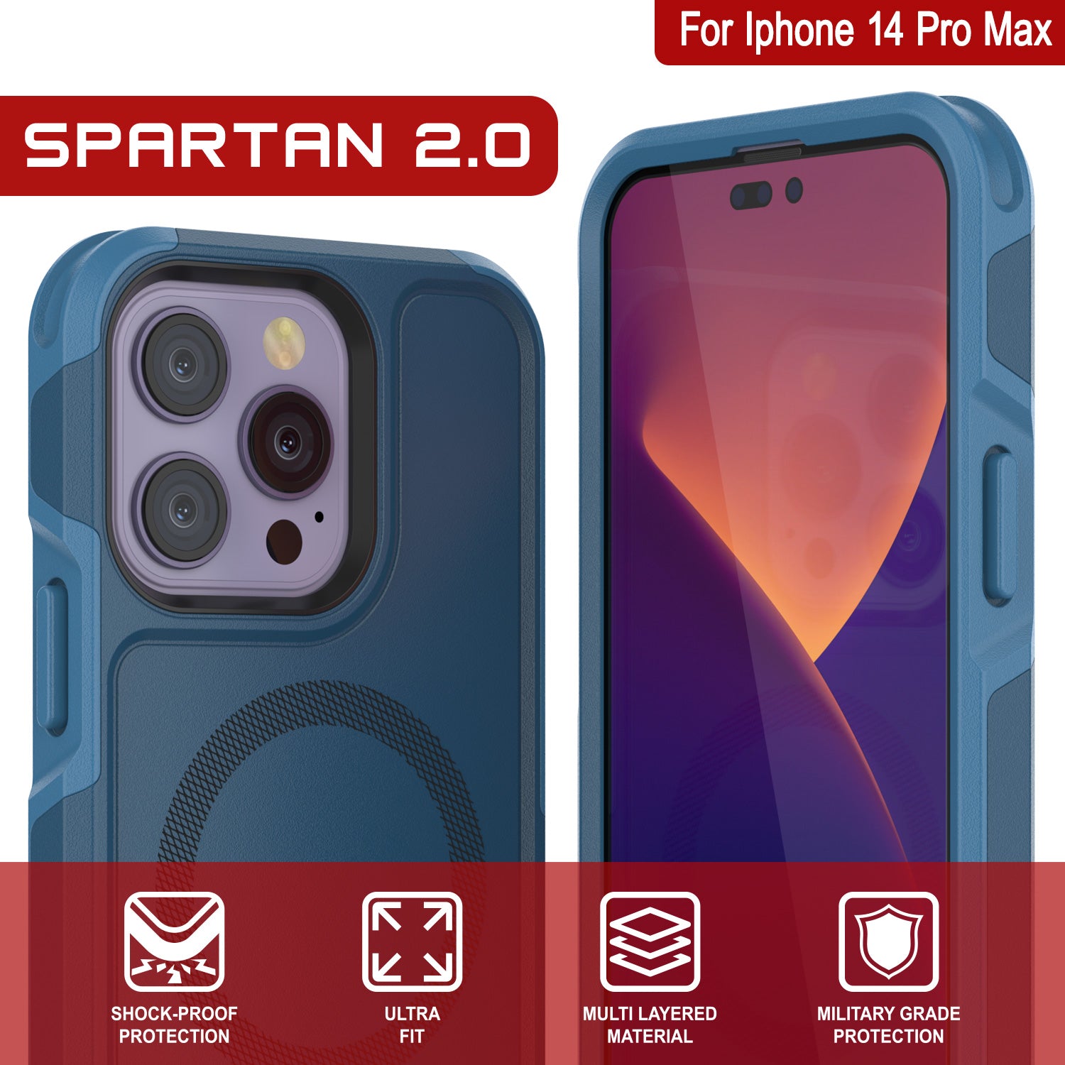 PunkCase iPhone 14 Pro Max Case, [Spartan 2.0 Series] Clear Rugged Heavy Duty Cover W/Built in Screen Protector [Navy]
