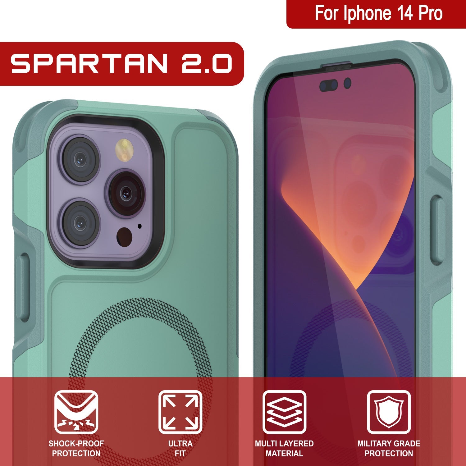 PunkCase iPhone 14 Pro Case, [Spartan 2.0 Series] Clear Rugged Heavy Duty Cover W/Built in Screen Protector [Teal]