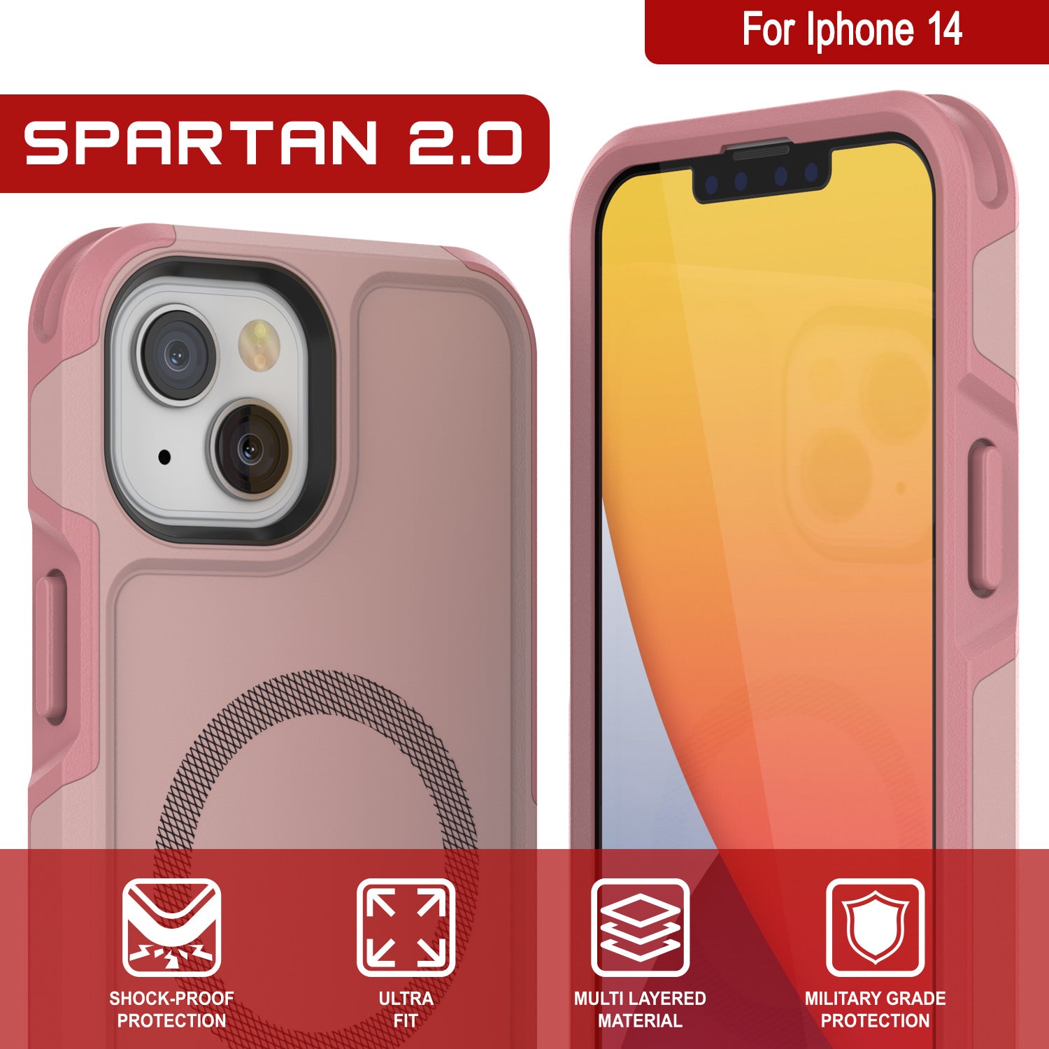 PunkCase iPhone 14 Case, [Spartan 2.0 Series] Clear Rugged Heavy Duty Cover W/Built in Screen Protector [Pink]