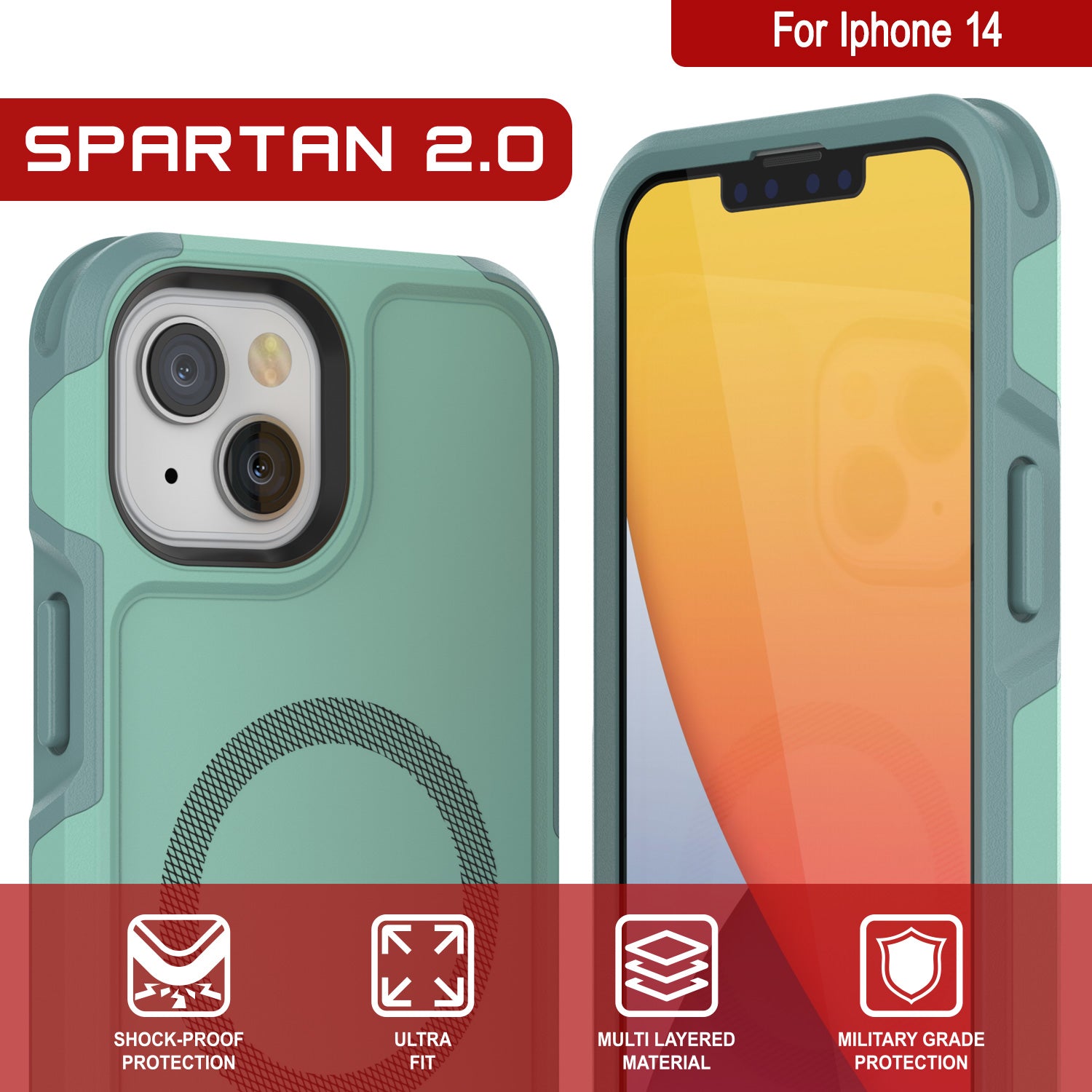 PunkCase iPhone 14 Case, [Spartan 2.0 Series] Clear Rugged Heavy Duty Cover W/Built in Screen Protector [Teal]