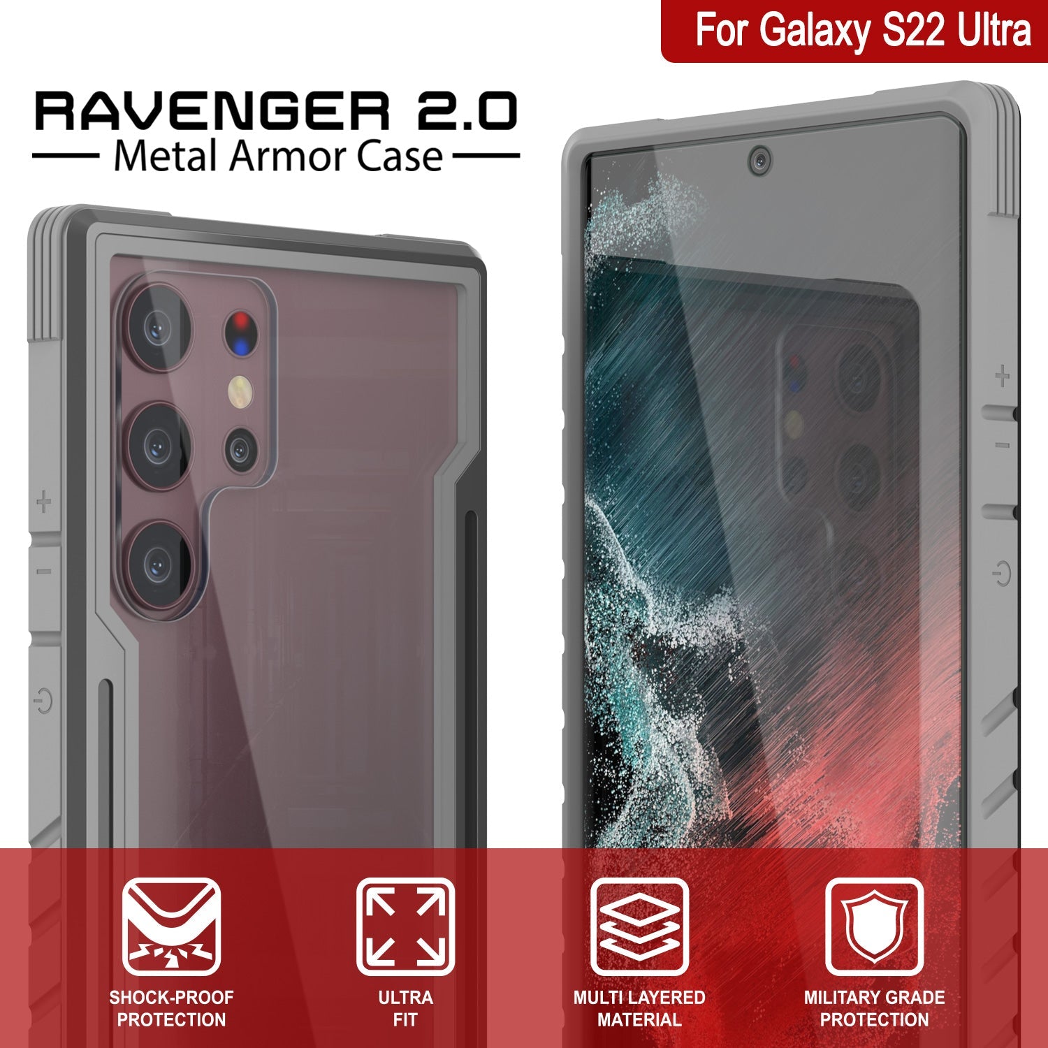 Punkcase S22 Ultra ravenger Case Protective Military Grade Multilayer Cover [Grey]