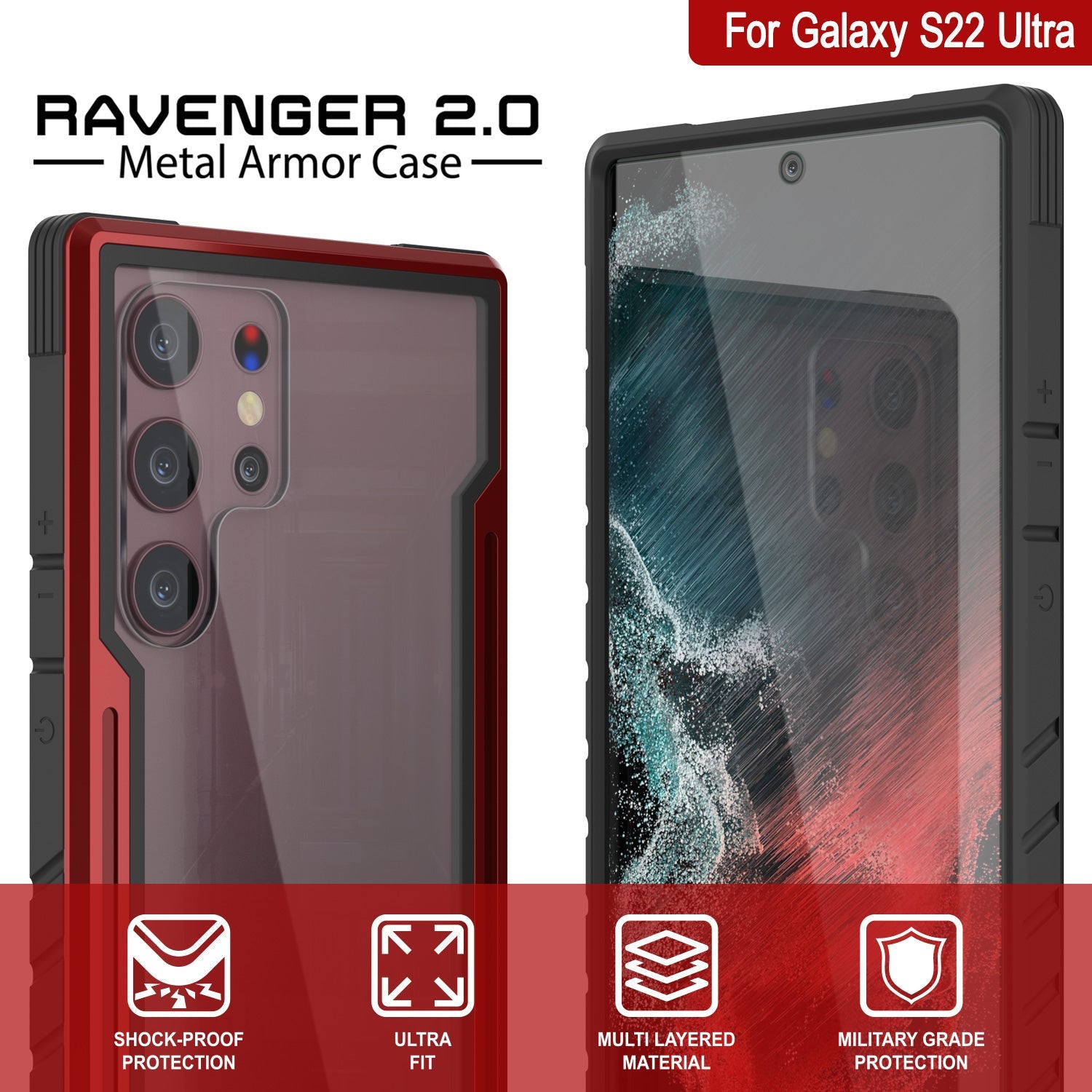 Punkcase S22 Ultra ravenger Case Protective Military Grade Multilayer Cover [Red]