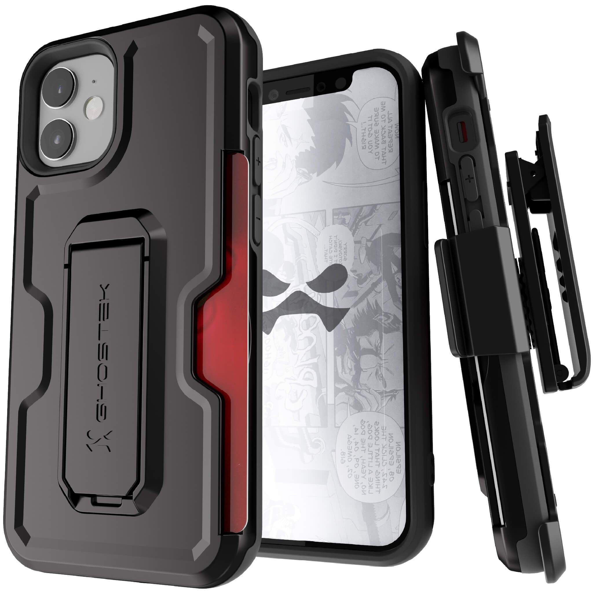 iPhone 12  - IRON ARMOR Belt Clip Holster Case with Stand and Card Holder [Matte Black]