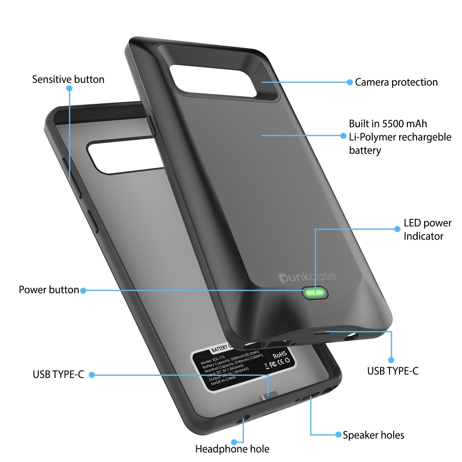 Galaxy Note 8 Battery Case, Punkcase 5000mAH Charger Case W/ Screen Protector | Integrated USB Port | IntelSwitch [Black] - PunkCase NZ