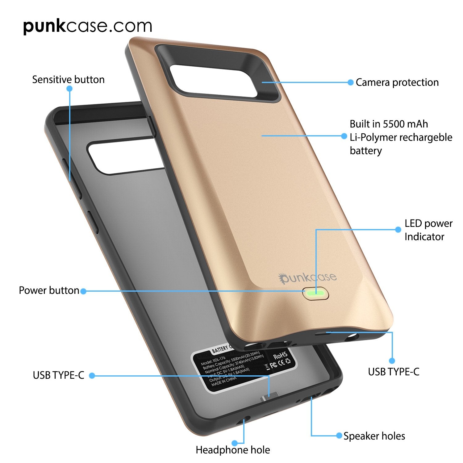 Galaxy Note 8 Battery Case, Punkcase 5000mAH Charger Case W/ Screen Protector | Integrated USB Port | IntelSwitch [Blue] - PunkCase NZ