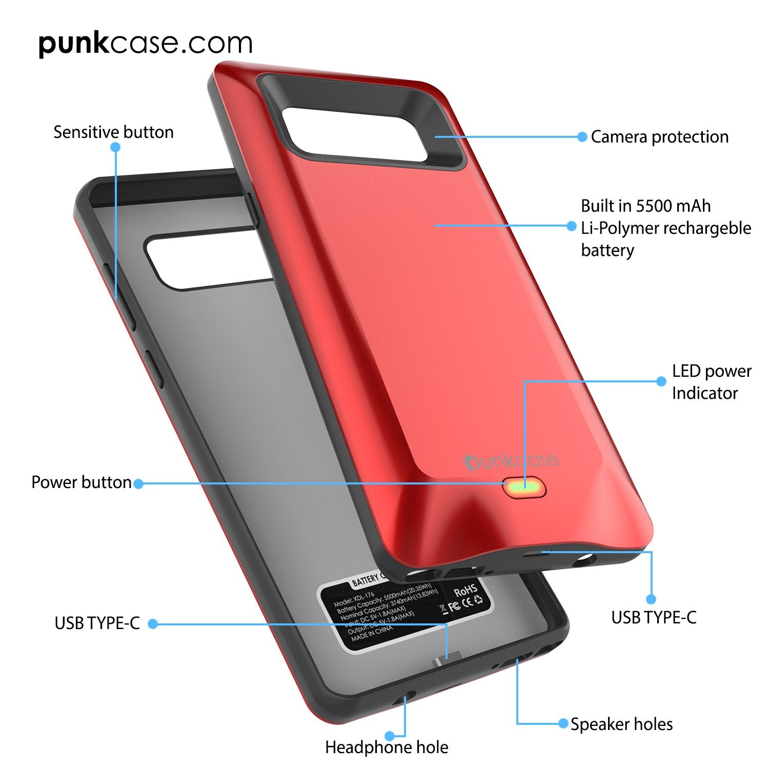 Galaxy Note 8 Battery Case, Punkcase 5000mAH Charger Case W/ Screen Protector | Integrated USB Port | IntelSwitch [Red] - PunkCase NZ