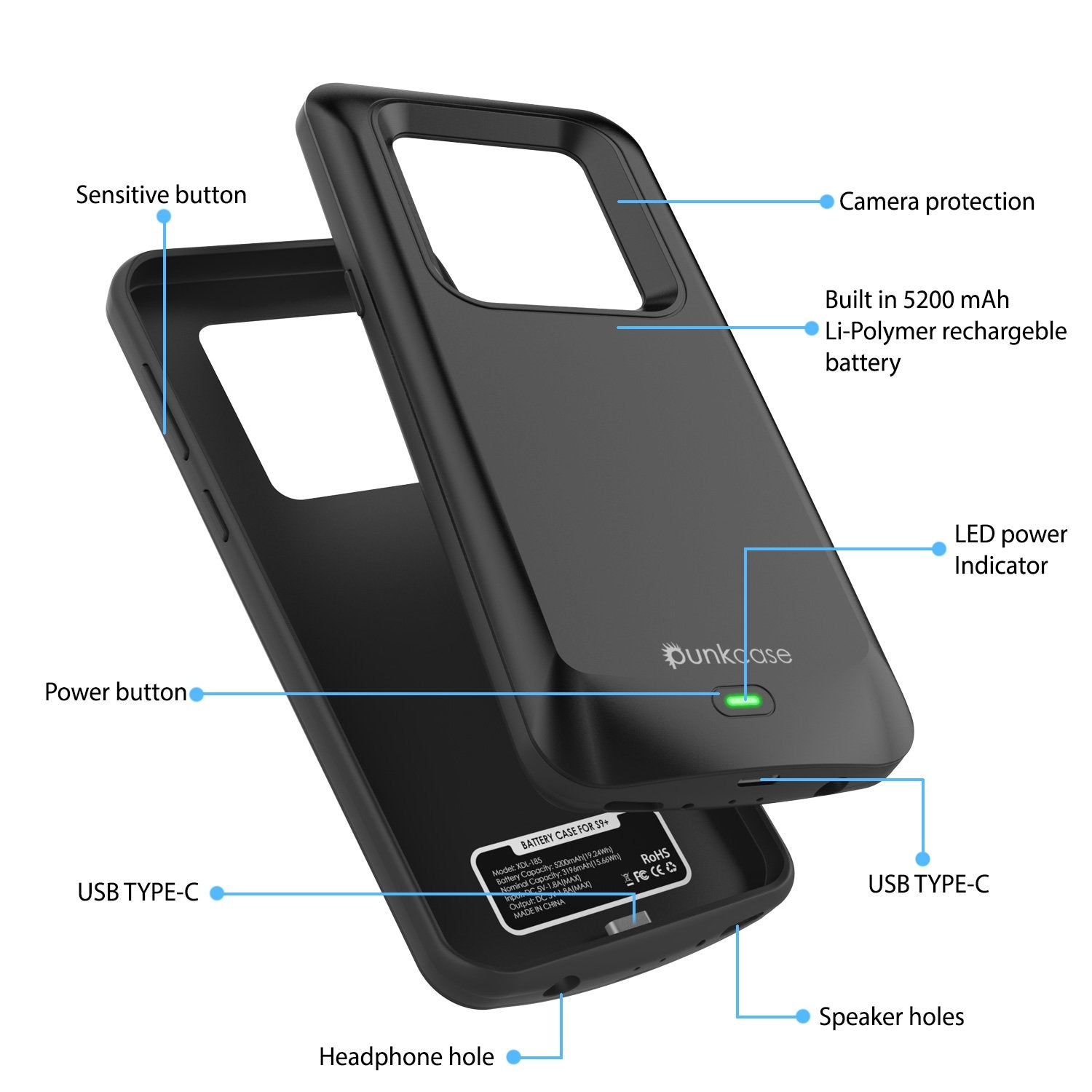 Galaxy S9 PLUS Battery Case, PunkJuice 5000mAH Fast Charging Power Bank W/ Screen Protector | Integrated USB Port | IntelSwitch | Slim, Secure and Reliable | Suitable for Samsung Galaxy S9+ [Black] - PunkCase NZ