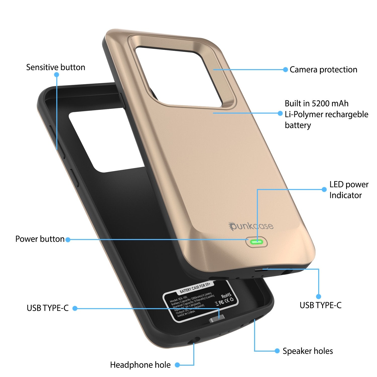 Galaxy S9 PLUS Battery Case, PunkJuice 5000mAH Fast Charging Power Bank W/ Screen Protector | Integrated USB Port | IntelSwitch | Slim, Secure and Reliable | Suitable for Samsung Galaxy S9+ [Gold] - PunkCase NZ