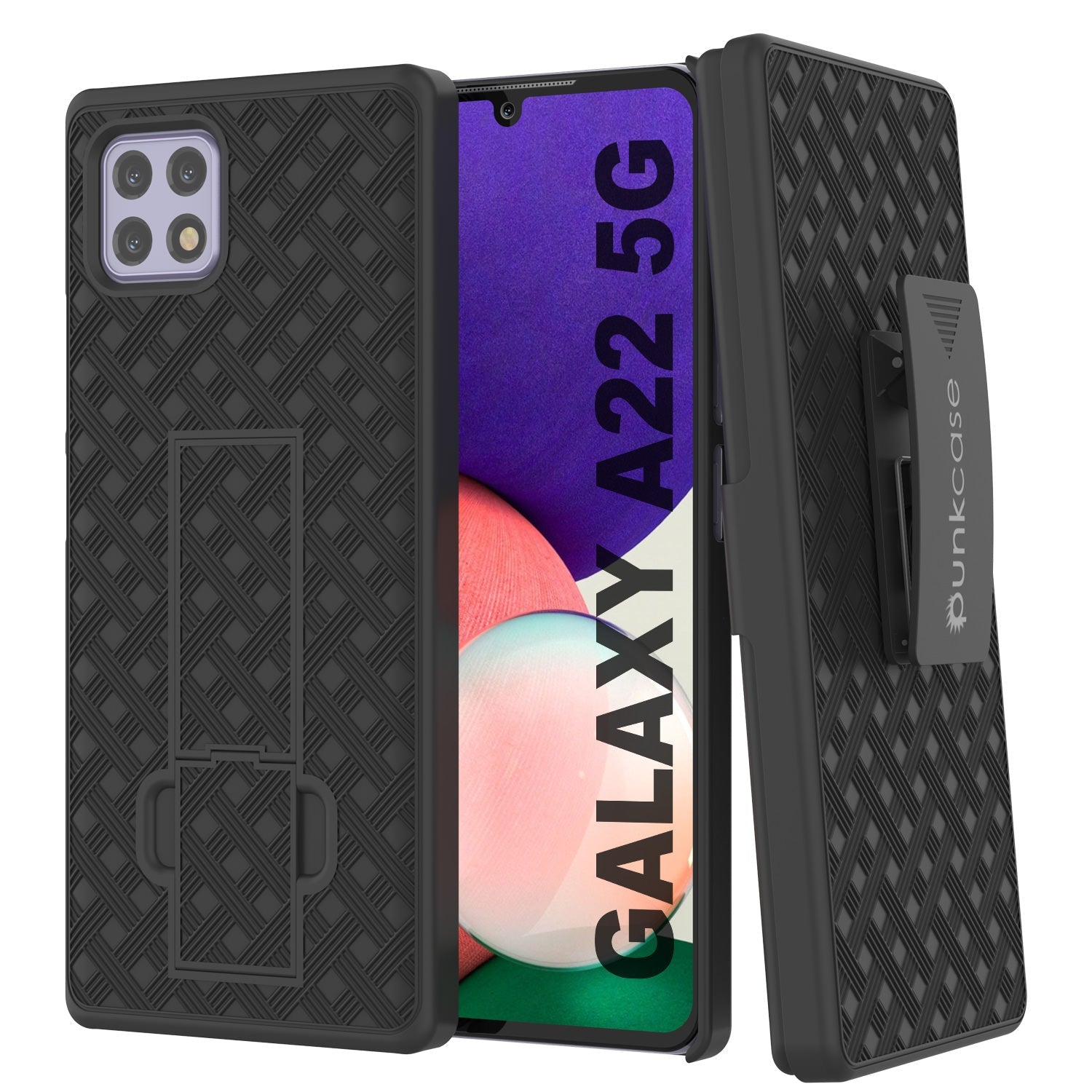 Punkcase Galaxy A22 5G Case With Screen Protector, Holster Belt Clip [Black]