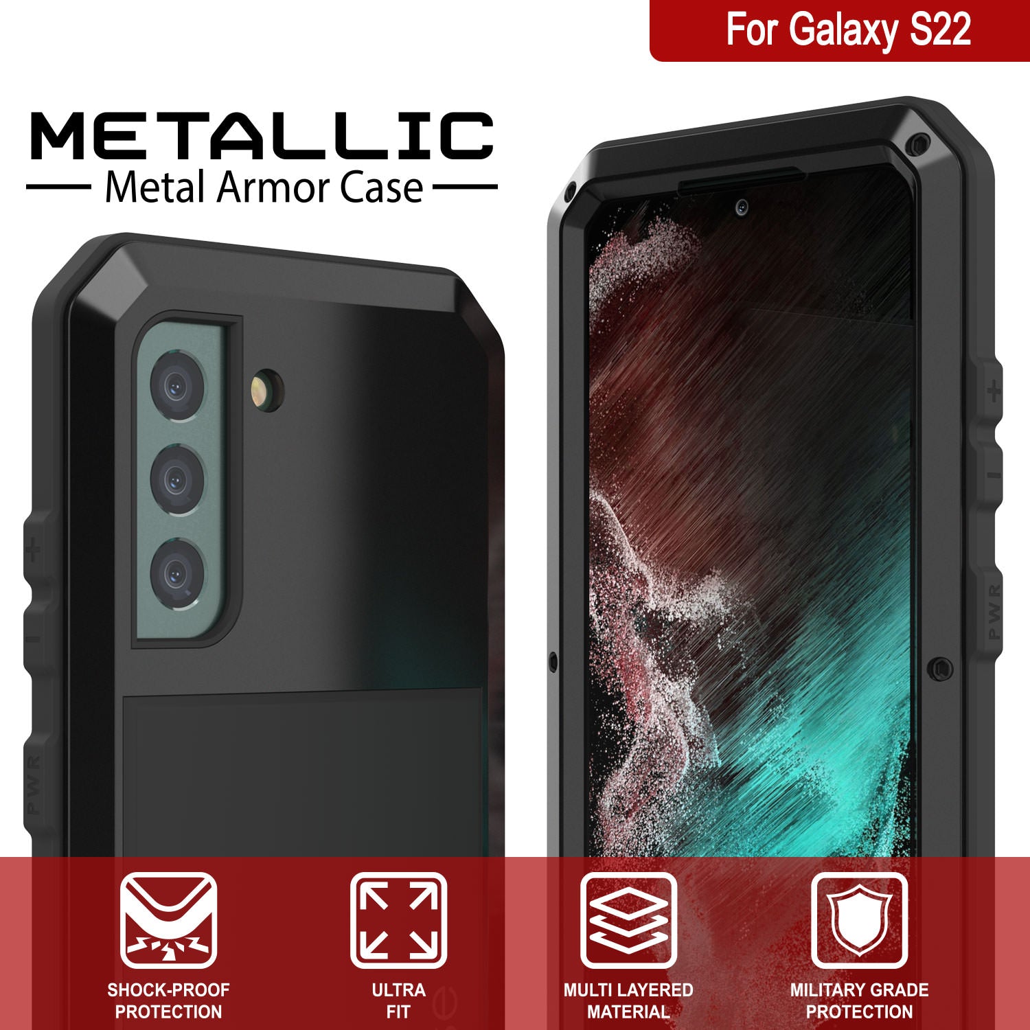 Galaxy S22 Metal Case, Heavy Duty Military Grade Rugged Armor Cover [Black]