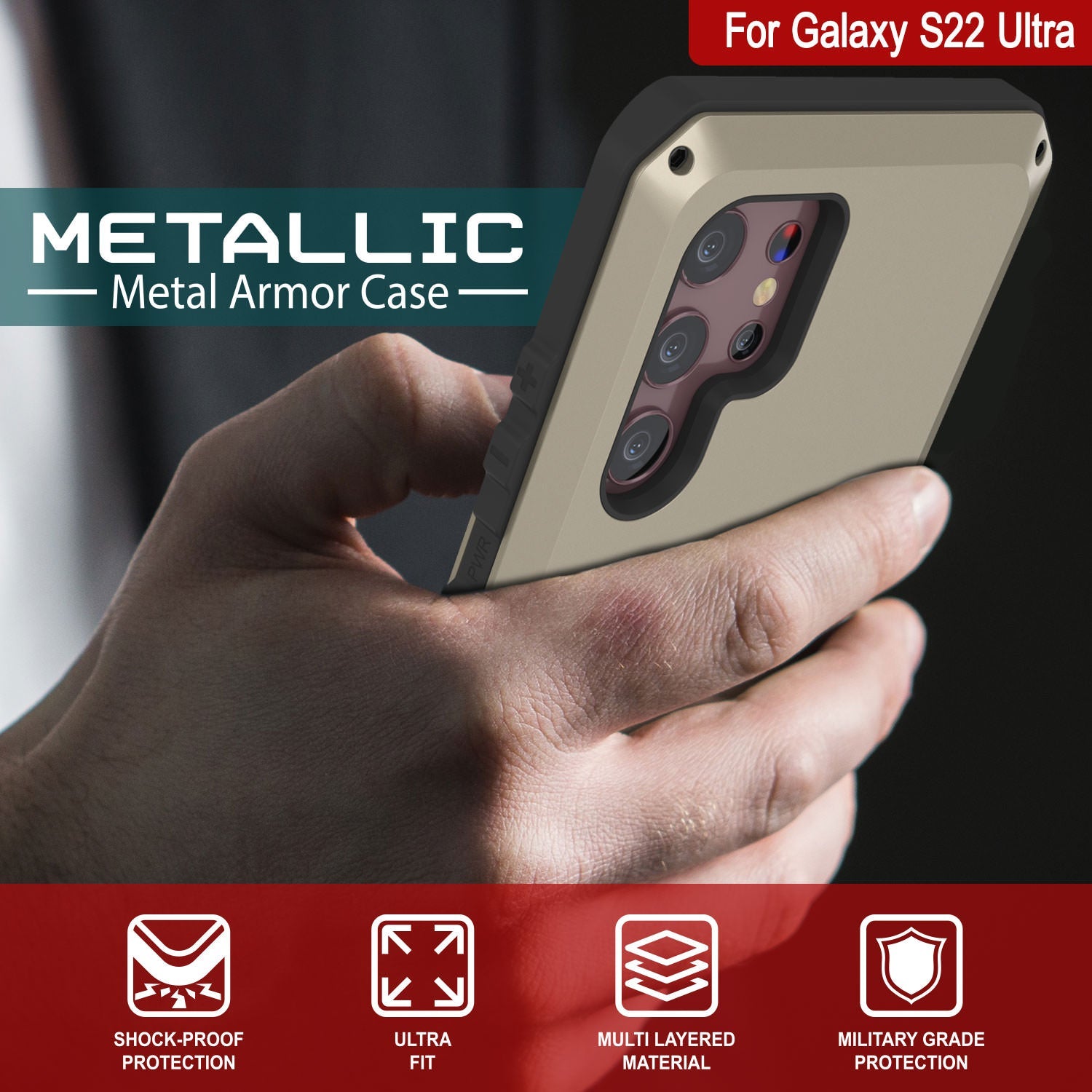 Galaxy S22 Ultra Metal Case, Heavy Duty Military Grade Rugged Armor Cover [Gold]