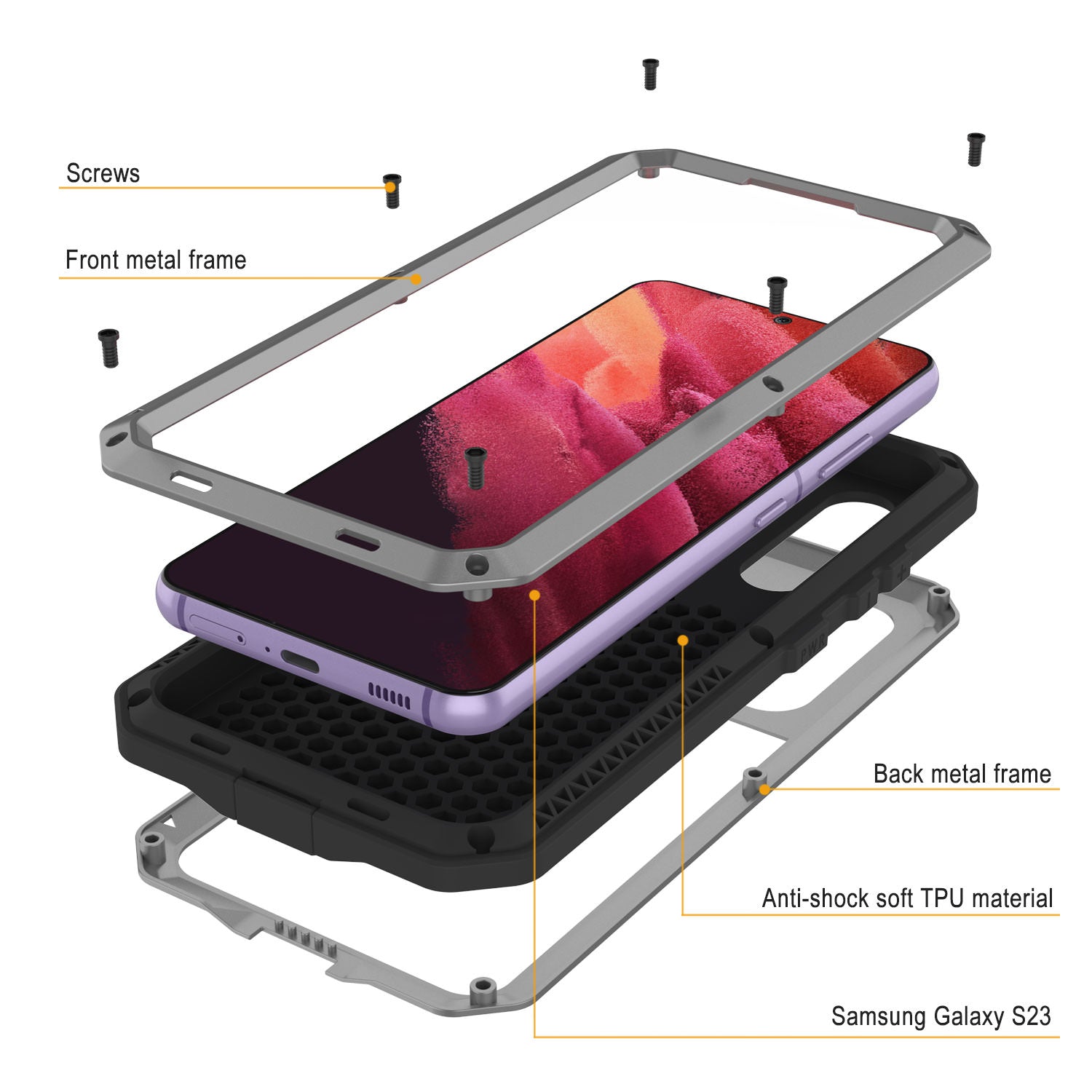 Galaxy S23 Metal Case, Heavy Duty Military Grade Armor Cover [shock proof] Full Body Hard [Silver]