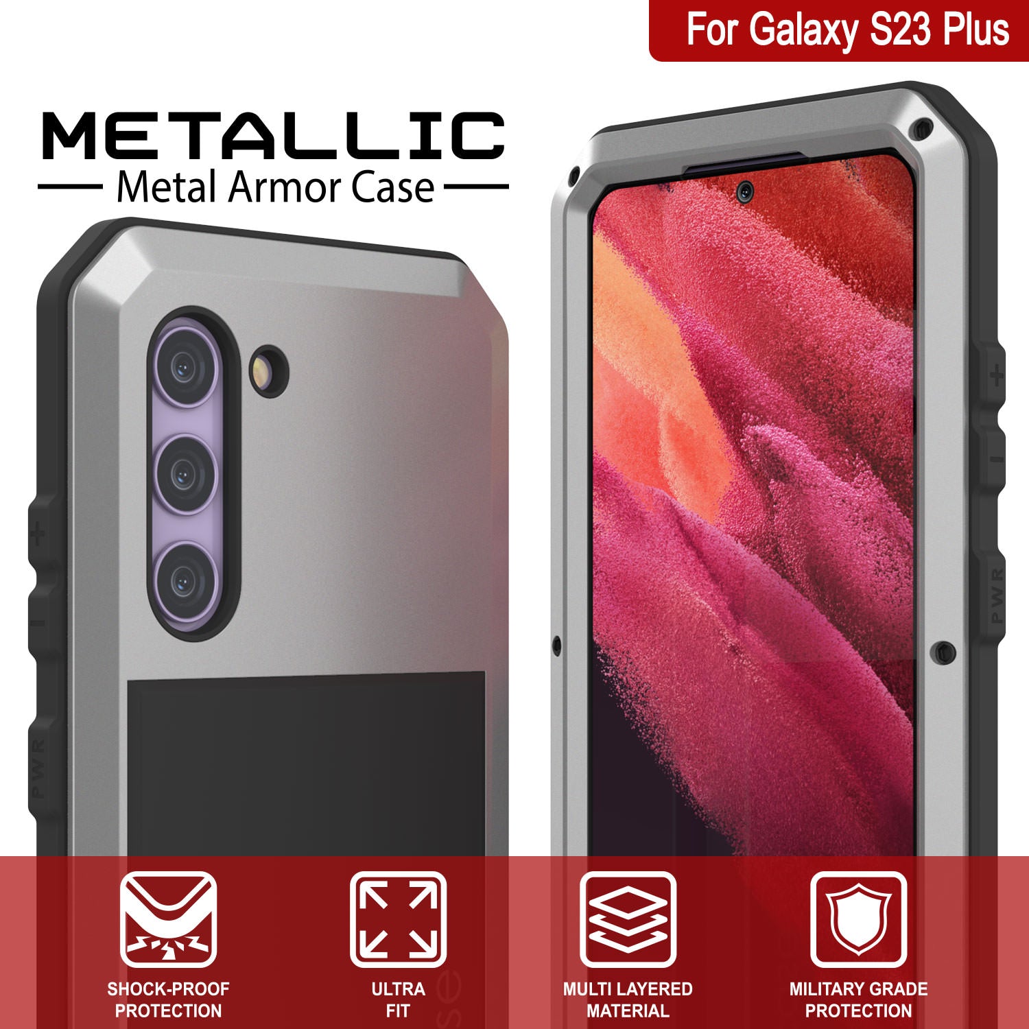 Galaxy S23+ Plus Metal Case, Heavy Duty Military Grade Armor Cover [shock proof] Full Body Hard [Silver]