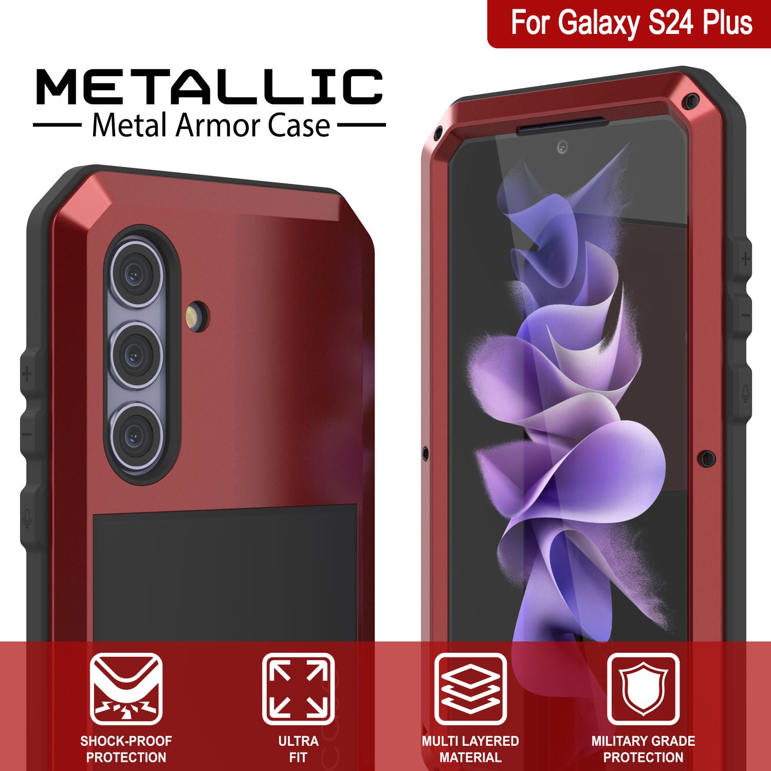 Galaxy S24 Plus Metal Case, Heavy Duty Military Grade Armor Cover [shock proof] Full Body Hard [Red]