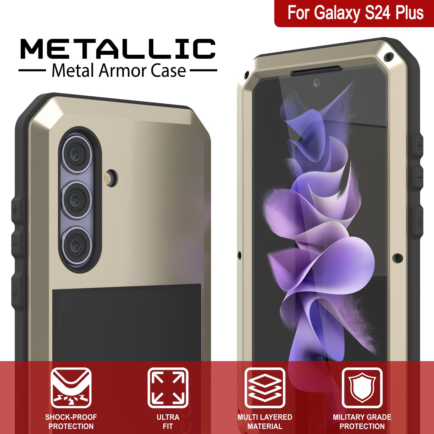 Galaxy S24 Plus Metal Case, Heavy Duty Military Grade Armor Cover [shock proof] Full Body Hard [Gold]