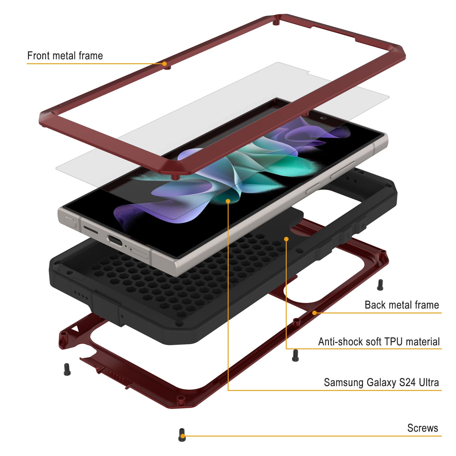 Galaxy S24 Ultra Metal Case, Heavy Duty Military Grade Armor Cover [shock proof] Full Body Hard [Red]