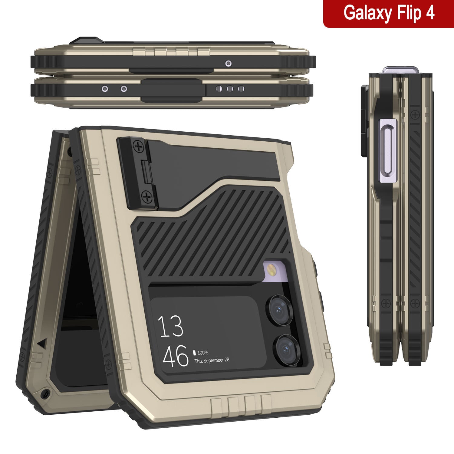 Galaxy Z Flip4 Metal Case, Heavy Duty Military Grade Armor Cover Full Body Hard [Gold]