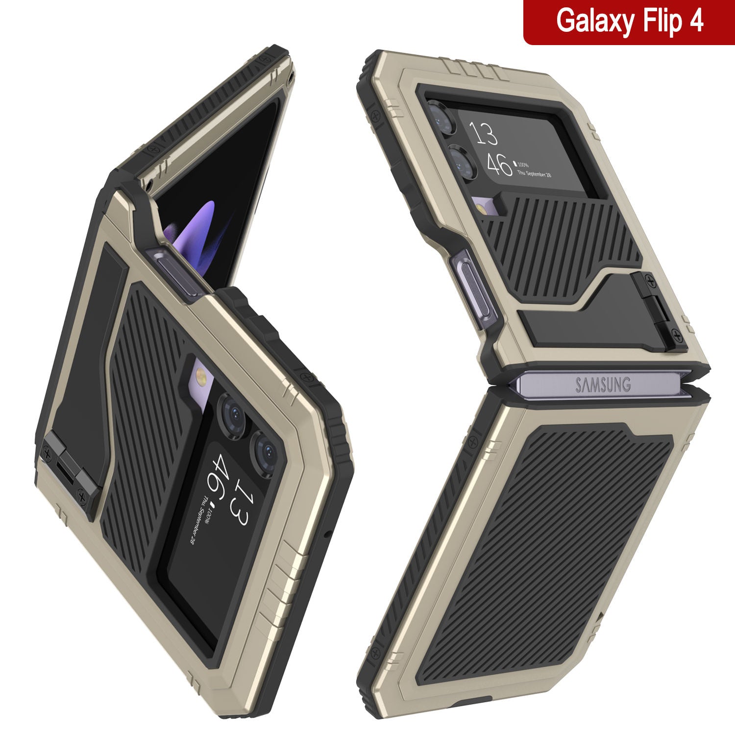 Galaxy Z Flip4 Metal Case, Heavy Duty Military Grade Armor Cover Full Body Hard [Gold]