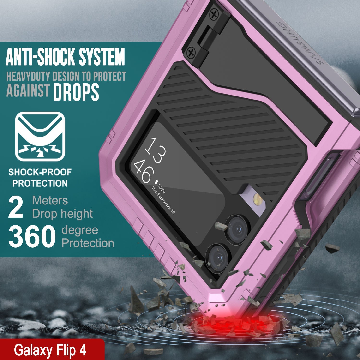 Galaxy Z Flip4 Metal Case, Heavy Duty Military Grade Armor Cover Full Body Hard [Pink]