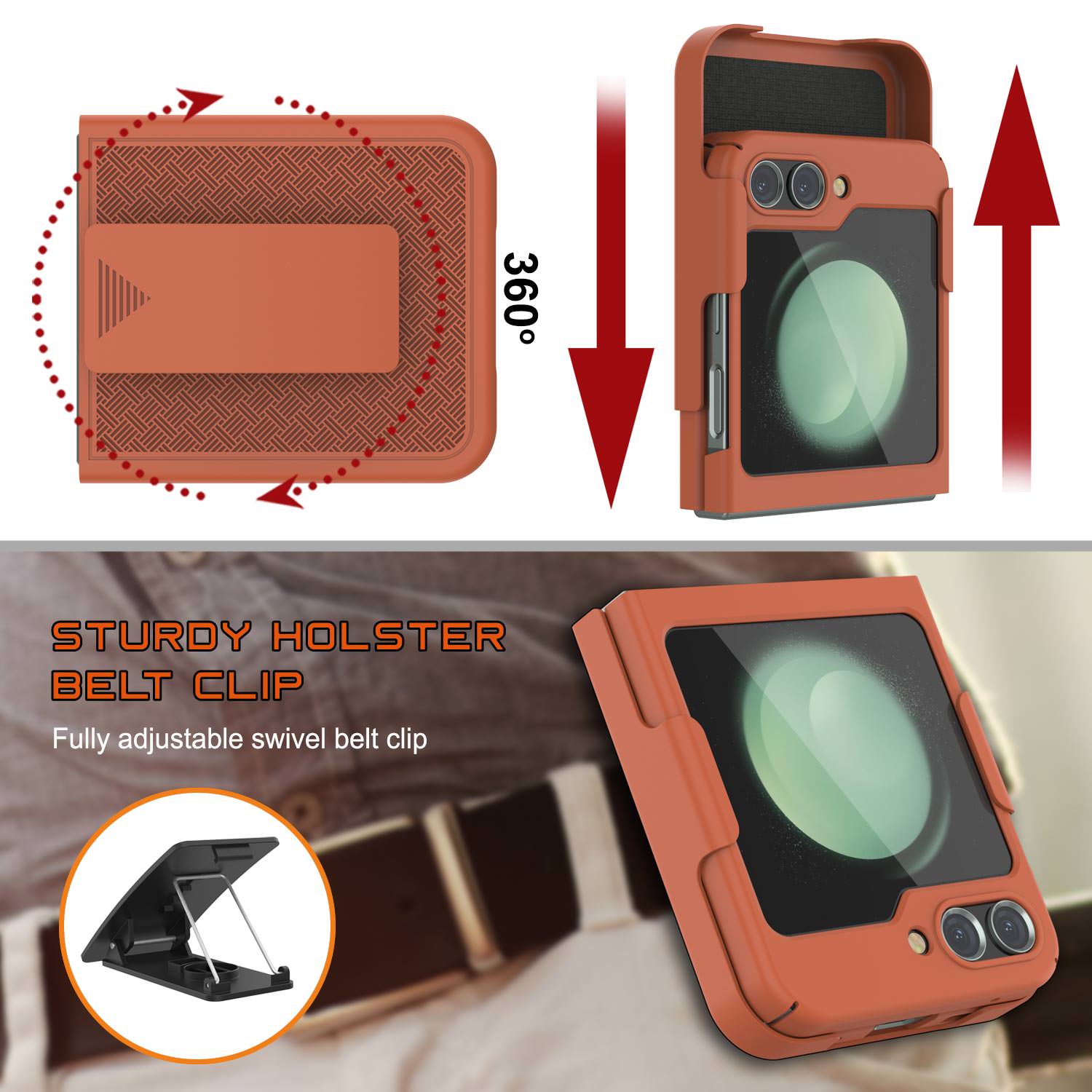 Galaxy Z Flip5 Case With Tempered Glass Screen Protector, Holster Belt Clip & Built-In Kickstand [Orange]