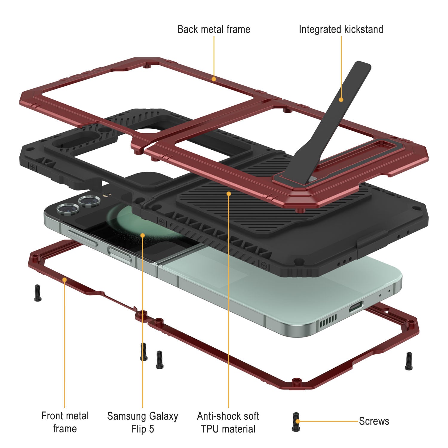 Galaxy Z Flip5 Metal Case, Heavy Duty Military Grade Armor Cover Full Body Hard [Red]