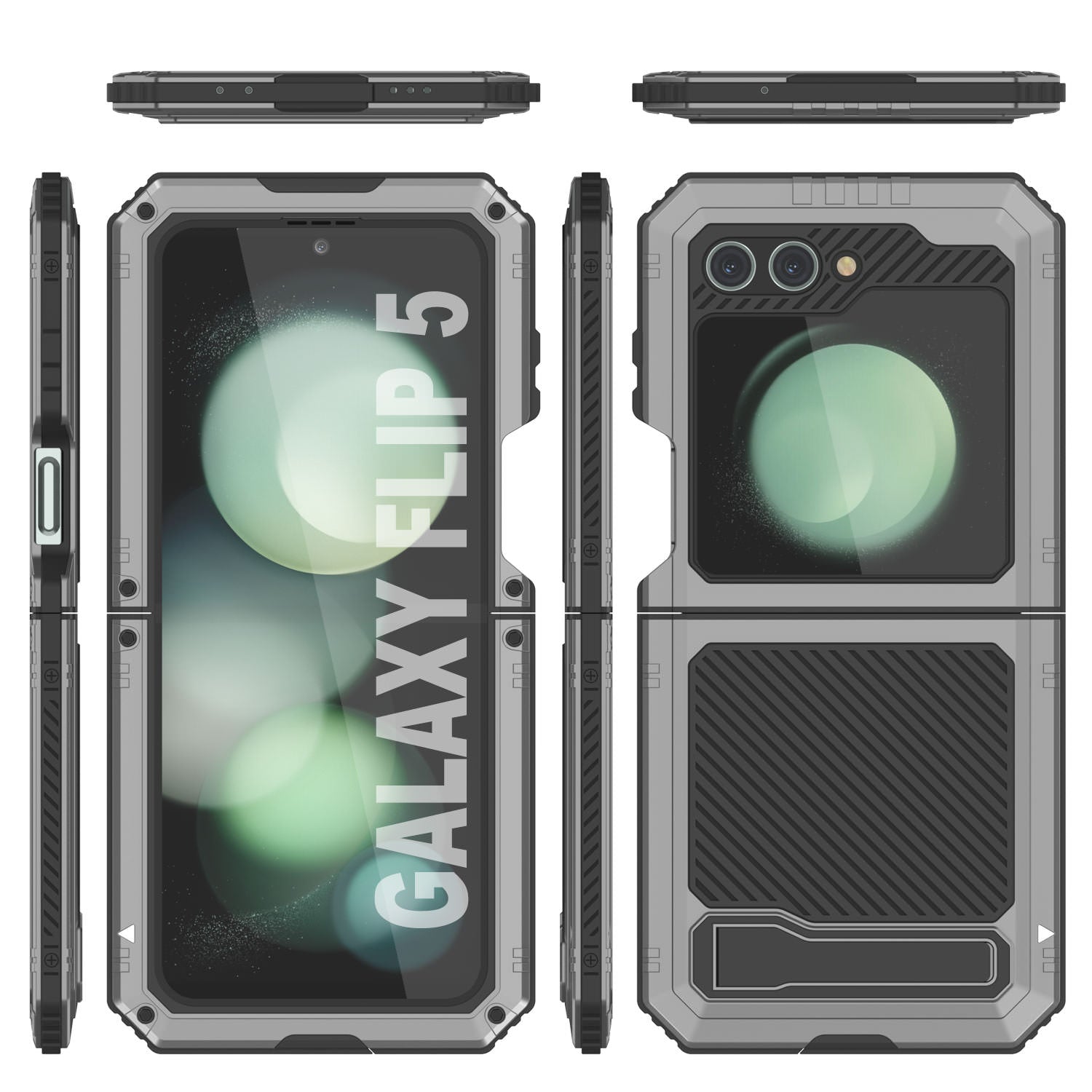 Galaxy Z Flip5 Metal Case, Heavy Duty Military Grade Armor Cover Full Body Hard [Silver]