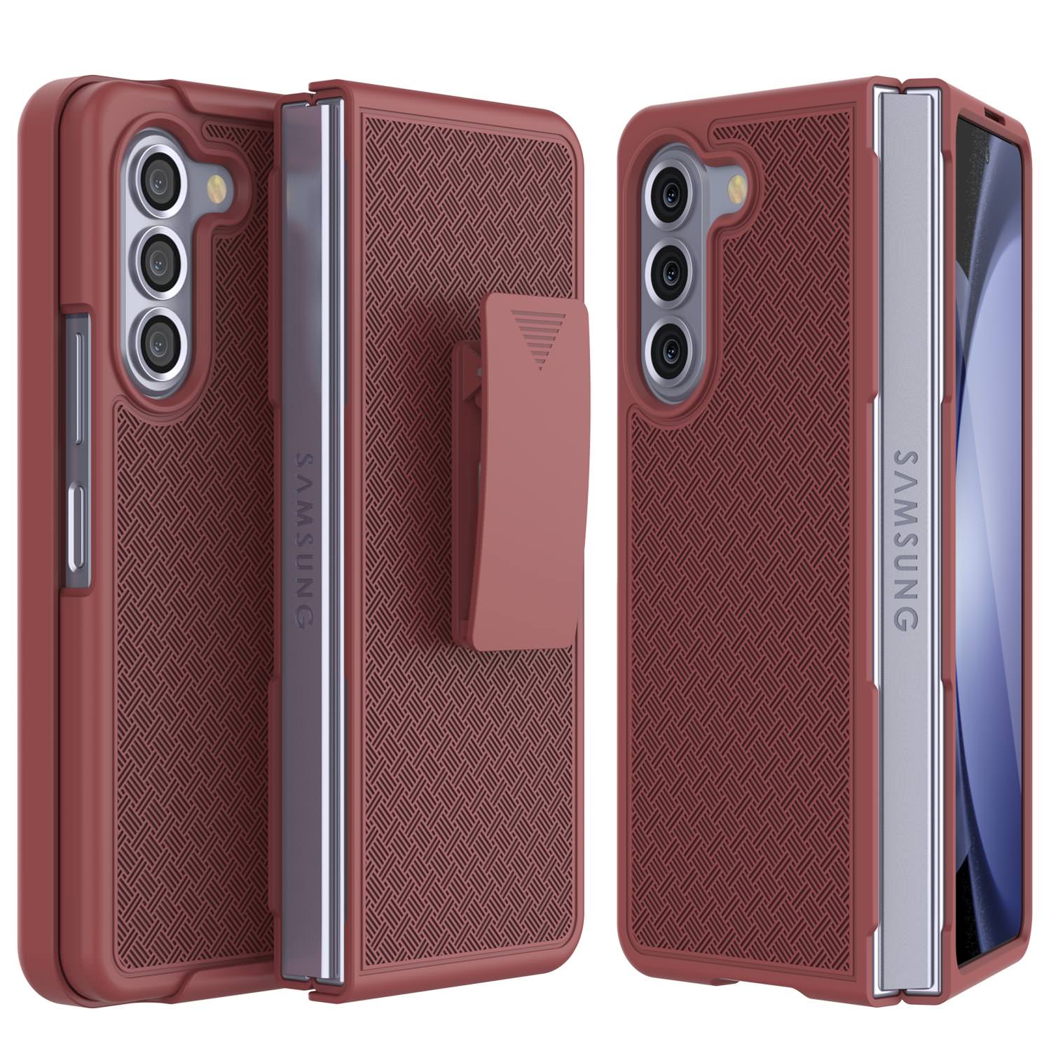 Galaxy Z Fold5 Case With Tempered Glass Screen Protector, Holster Belt Clip & Built-In Kickstand [Red]