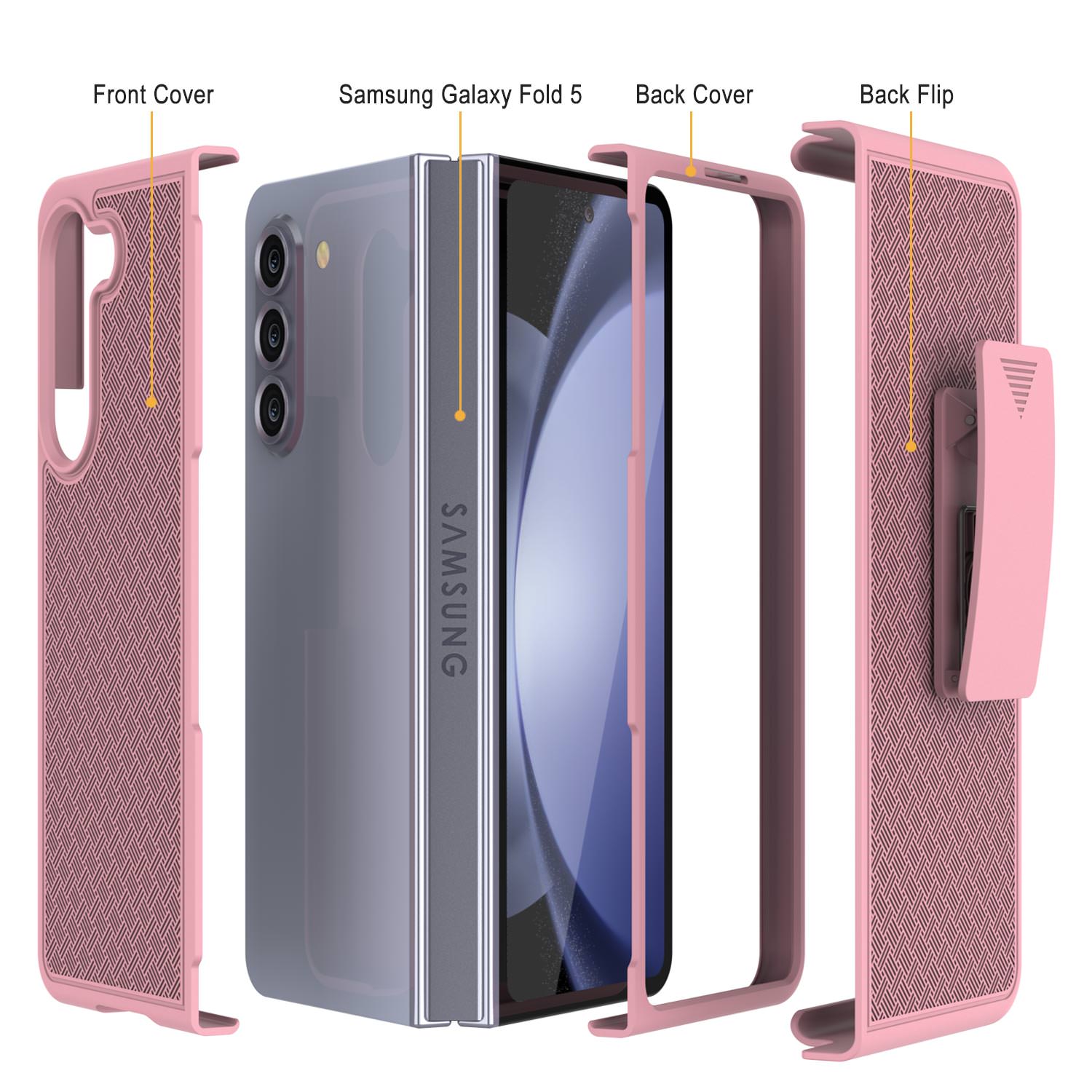 Galaxy Z Fold5 Case With Tempered Glass Screen Protector, Holster Belt Clip & Built-In Kickstand [Pink]