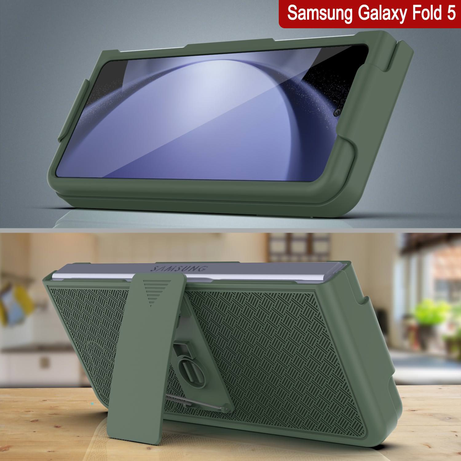 Galaxy Z Fold5 Case With Tempered Glass Screen Protector, Holster Belt Clip & Built-In Kickstand [Green]