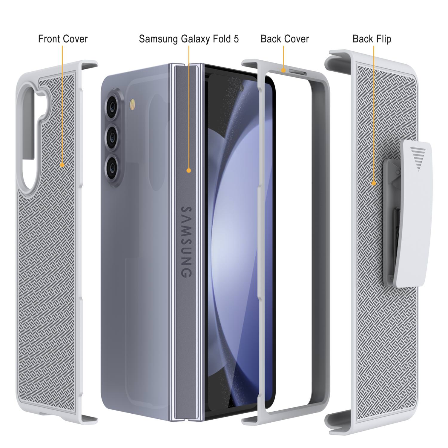 Galaxy Z Fold5 Case With Tempered Glass Screen Protector, Holster Belt Clip & Built-In Kickstand [White]