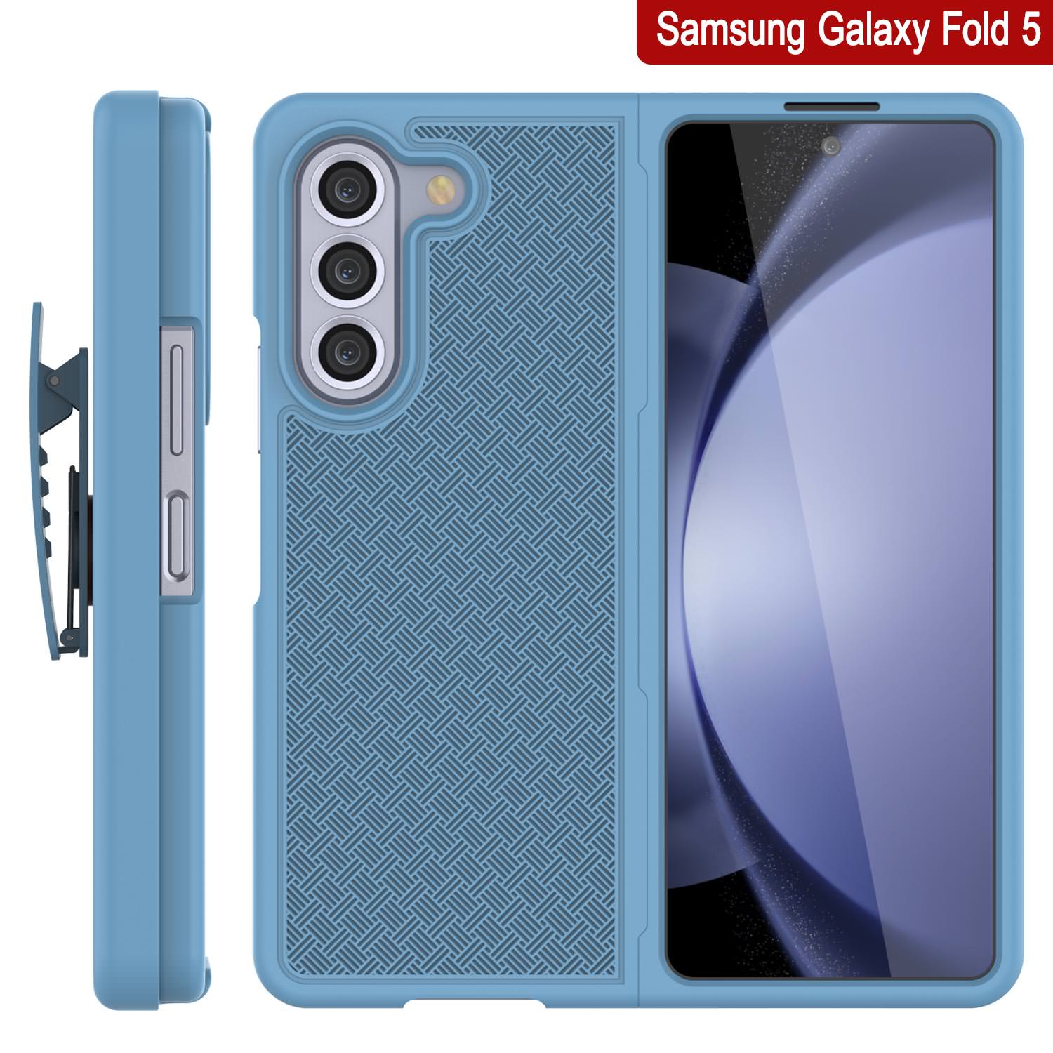 Galaxy Z Fold5 Case With Tempered Glass Screen Protector, Holster Belt Clip & Built-In Kickstand [Blue]