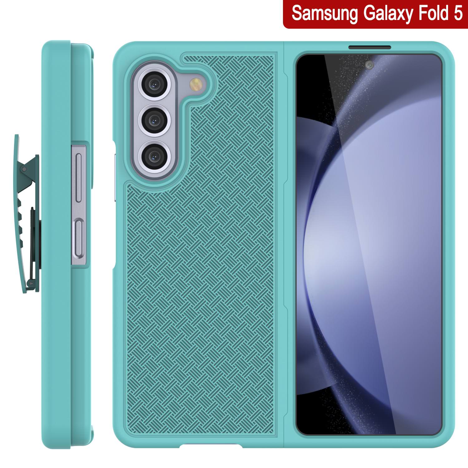 Galaxy Z Fold5 Case With Tempered Glass Screen Protector, Holster Belt Clip & Built-In Kickstand [Teal]