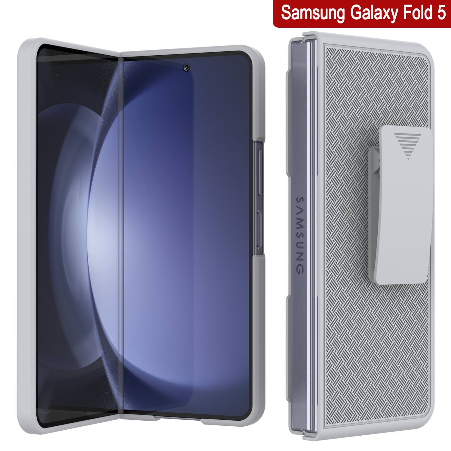 Galaxy Z Fold5 Case With Tempered Glass Screen Protector, Holster Belt Clip & Built-In Kickstand [White]