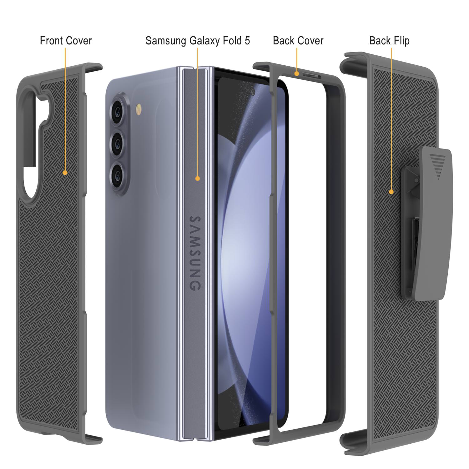 Galaxy Z Fold5 Case With Tempered Glass Screen Protector, Holster Belt Clip & Built-In Kickstand [Grey]