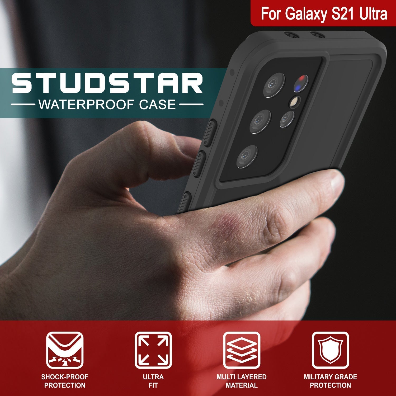 Galaxy S22 Ultra Waterproof Case PunkCase StudStar Black Thin 6.6ft Underwater IP68 Shock/Snow Proof