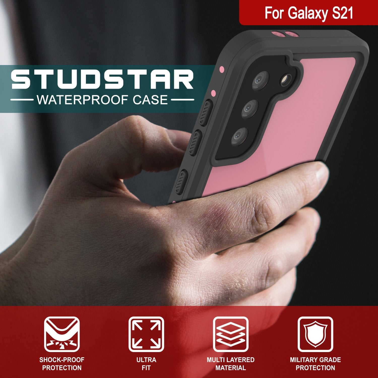 Galaxy S21 Waterproof Case PunkCase StudStar Pink Thin 6.6ft Underwater IP68 Shock/Snow Proof