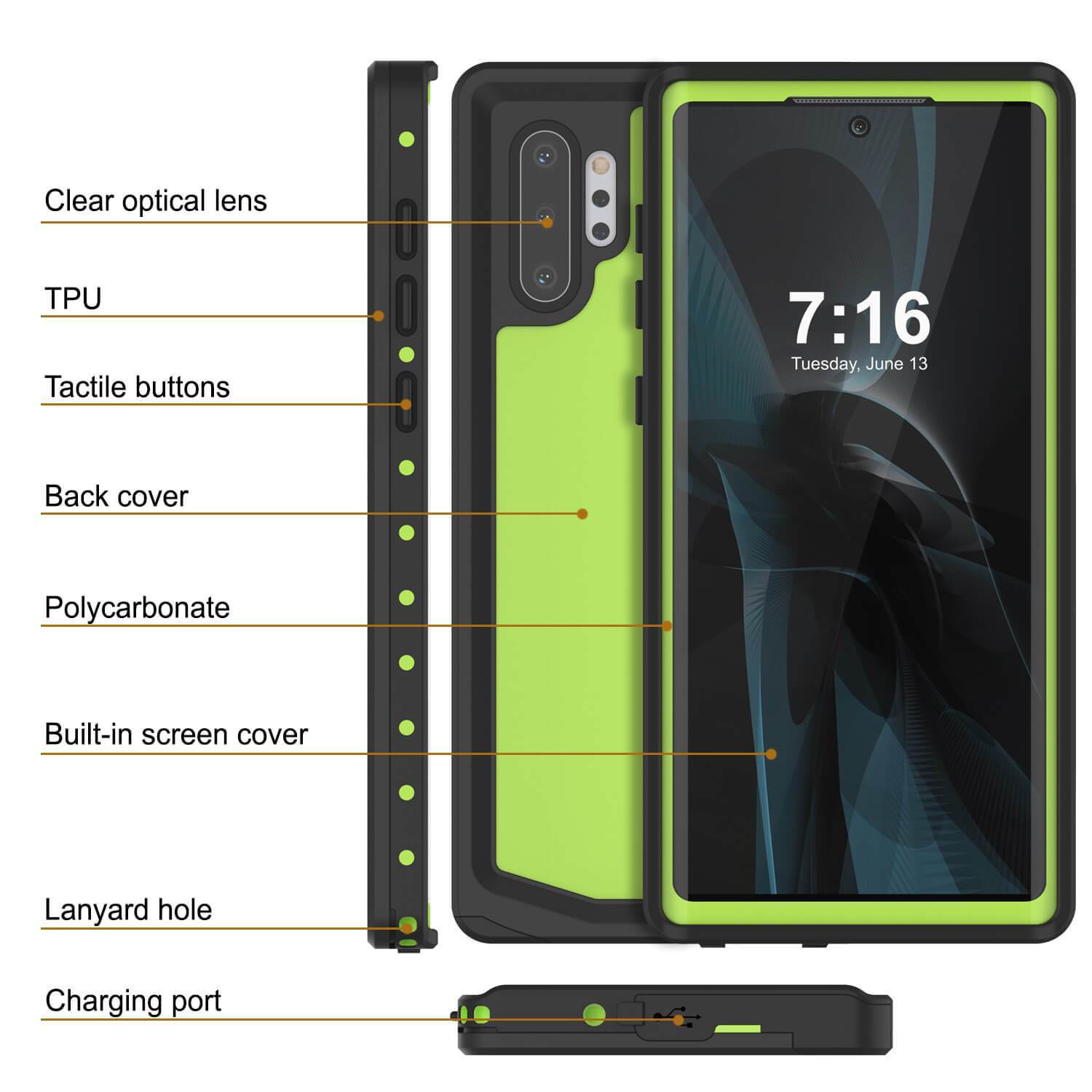 Galaxy Note 10+ Plus Waterproof Case, Punkcase Studstar Light Green Thin Armor Cover