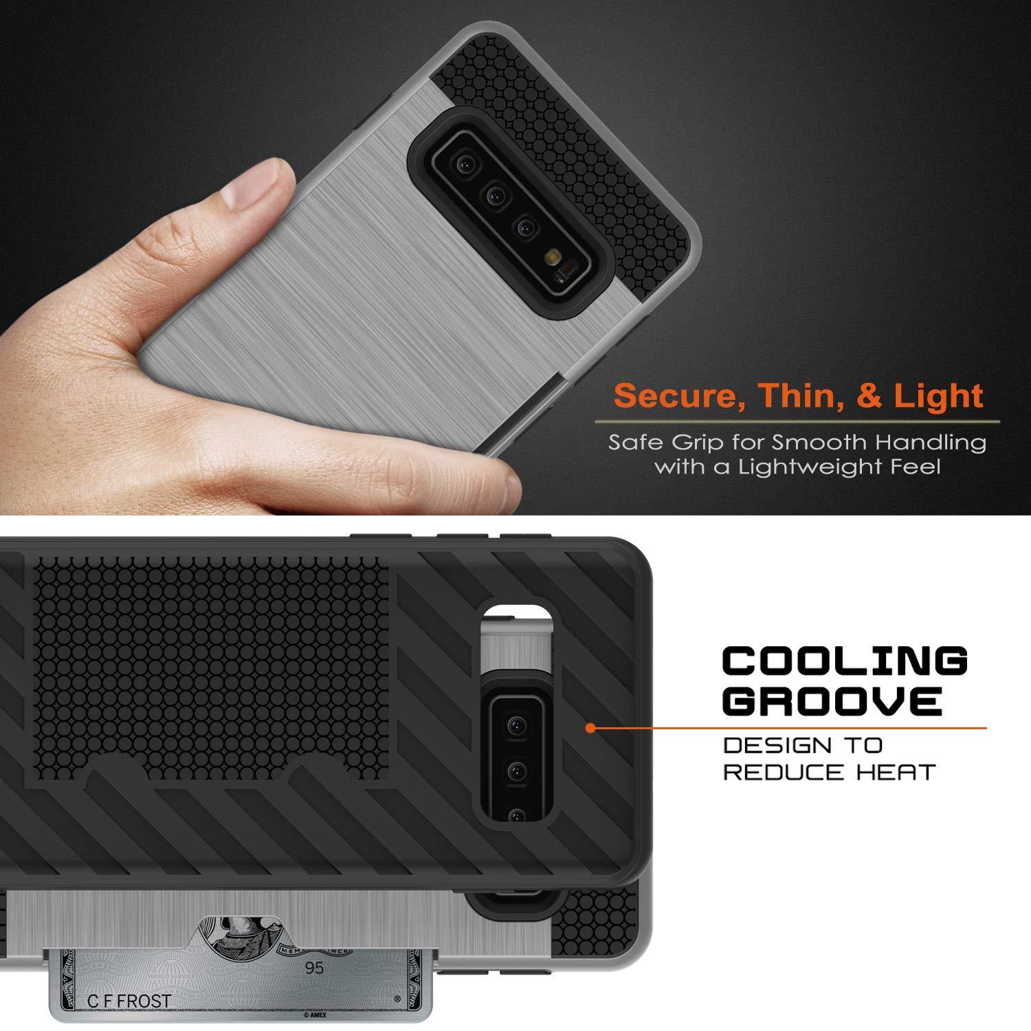 Galaxy S10 Case, PUNKcase [SLOT Series] [Slim Fit] Dual-Layer Armor Cover w/Integrated Anti-Shock System, Credit Card Slot [Silver]