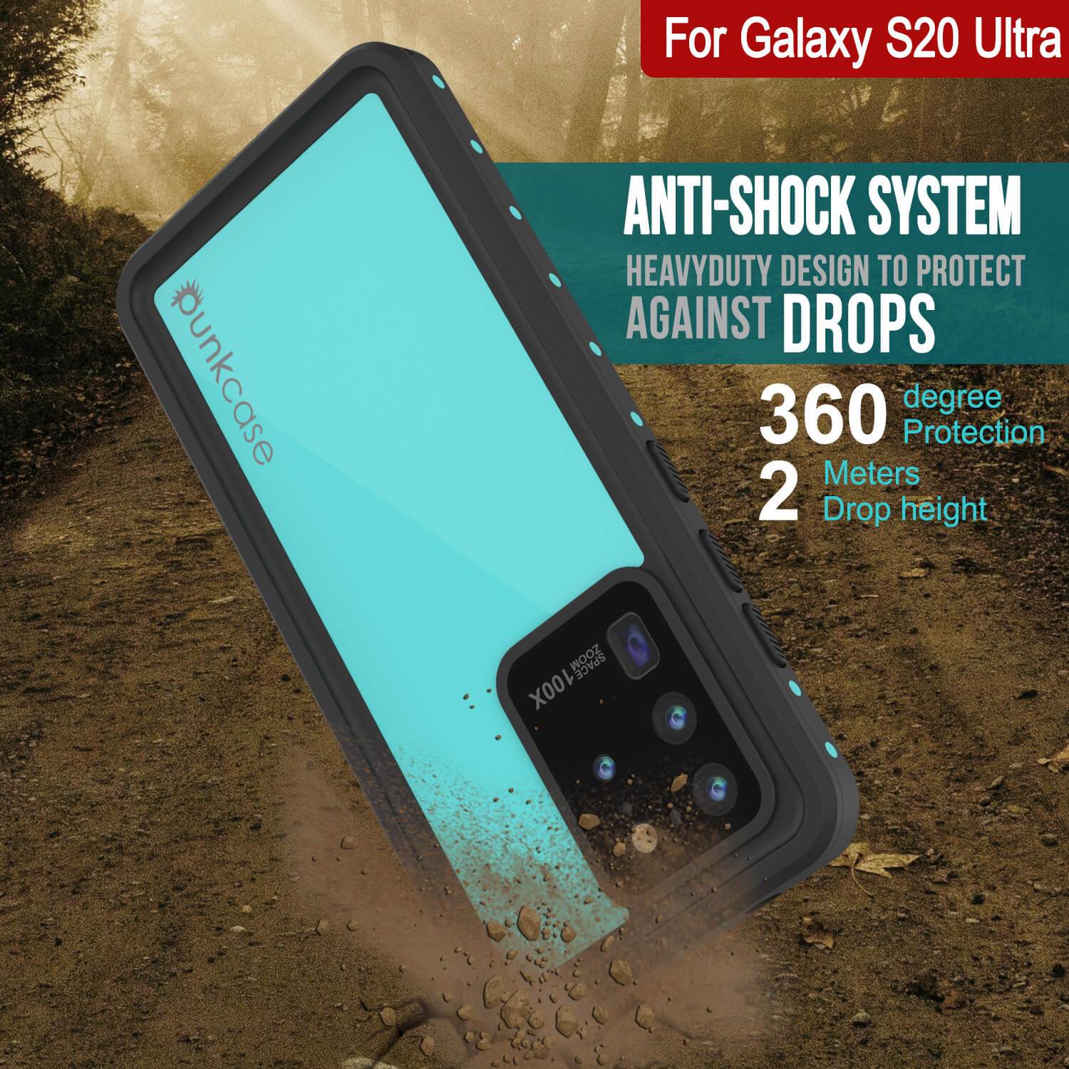 Galaxy S20 Ultra Waterproof Case PunkCase StudStar Teal Thin 6.6ft Underwater IP68 Shock/Snow Proof