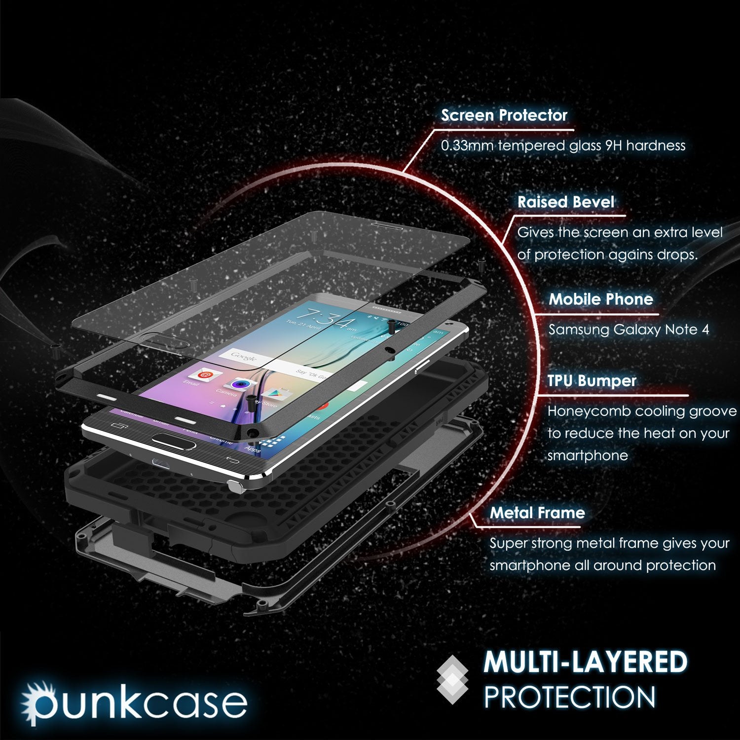 Note 4 Case, Punkcase® METALLIC Series BLACK w/ TEMPERED GLASS | Aluminum Frame - PunkCase NZ