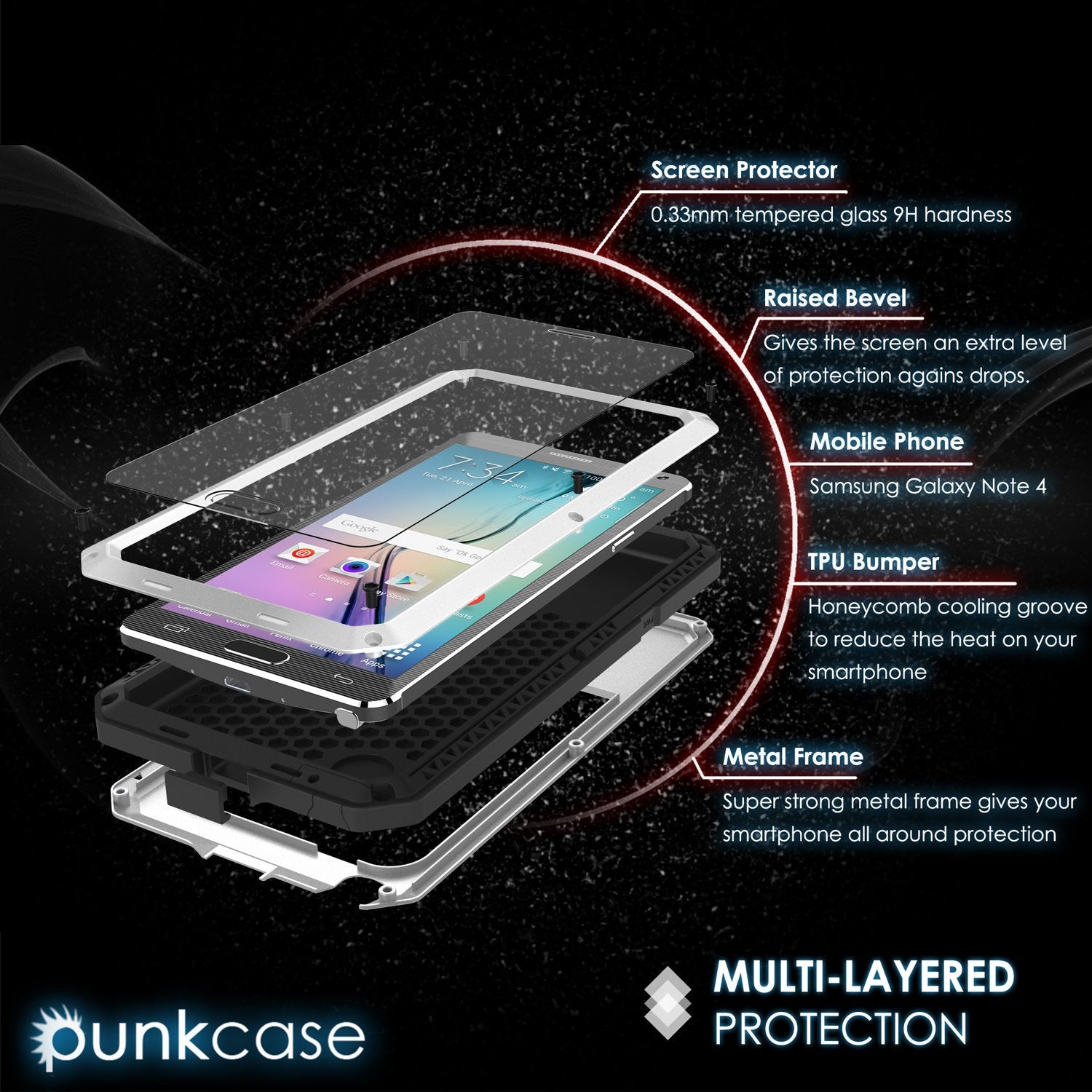 Note 4 Case, Punkcase® METALLIC Series SILVER w/ TEMPERED GLASS | Aluminum Frame - PunkCase NZ