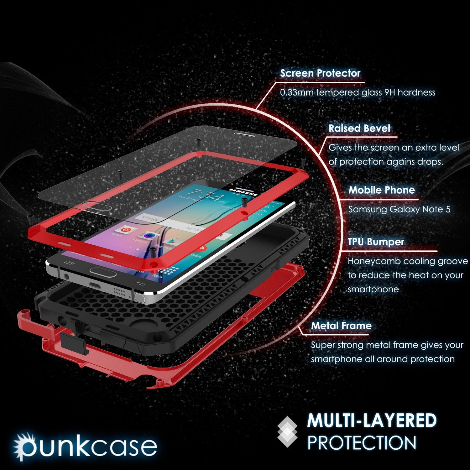 Note 5 Case, Punkcase® METALLIC Series RED w/ TEMPERED GLASS | Aluminum Frame - PunkCase NZ