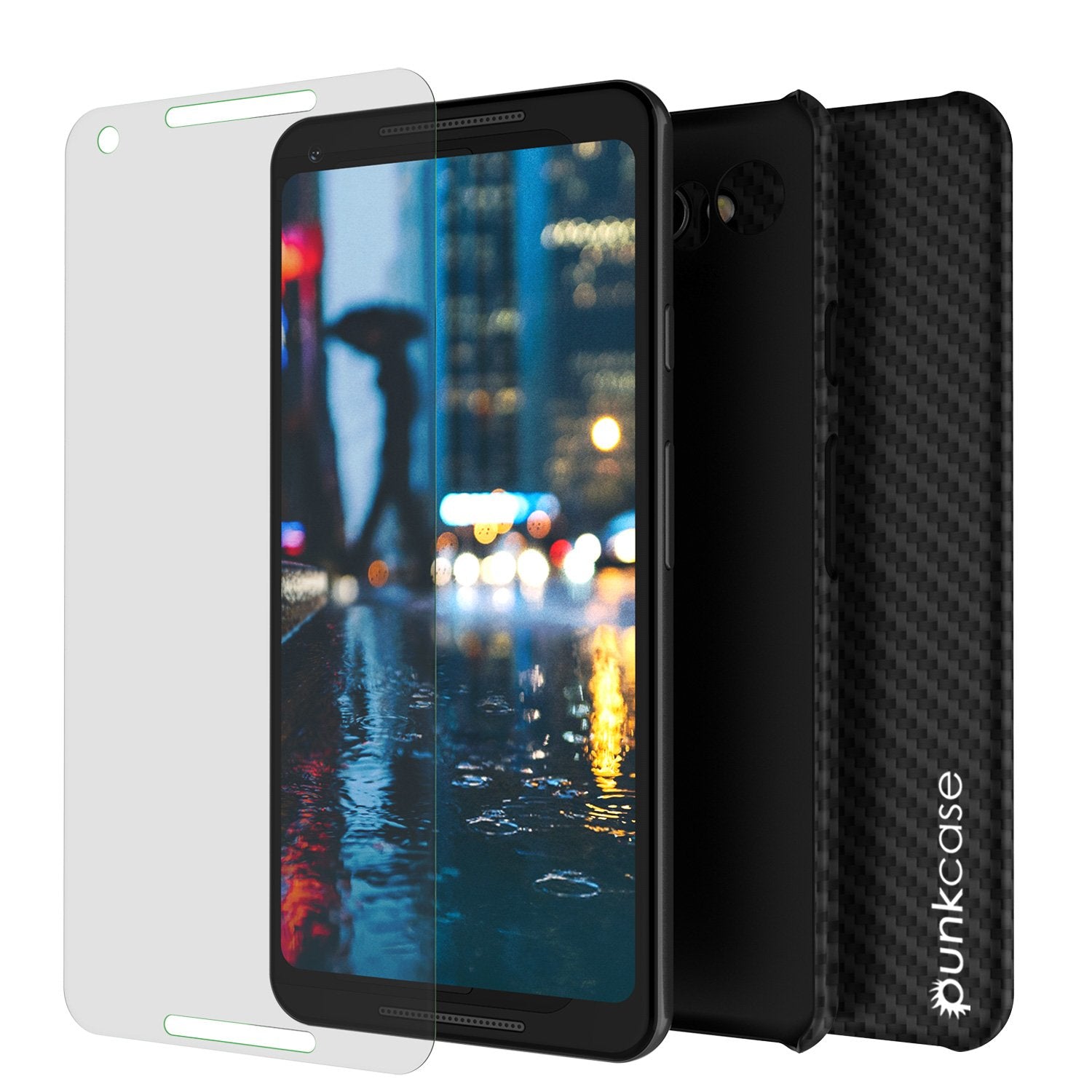 Google Pixel 2 XL  CarbonShield Heavy Duty & Ultra Thin 2 Piece Dual Layer PU Leather Cover [shockproof][non slip] with Tempered Glass Screen Protector for Google Pixel 2 XL [Jet Black] - PunkCase NZ