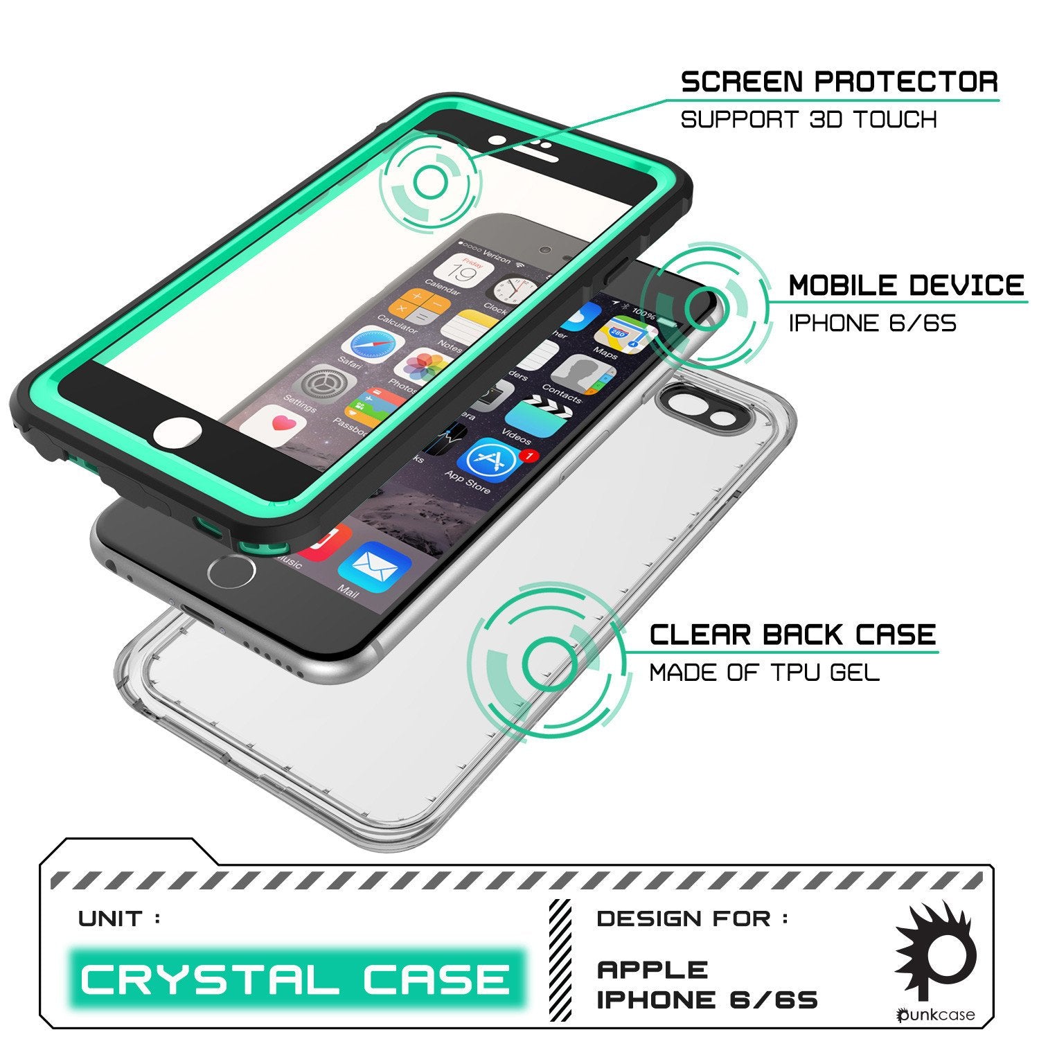 iPhone 6+/6S+ Plus Waterproof Case, PUNKcase CRYSTAL Teal W/ Attached Screen Protector | Warranty - PunkCase NZ